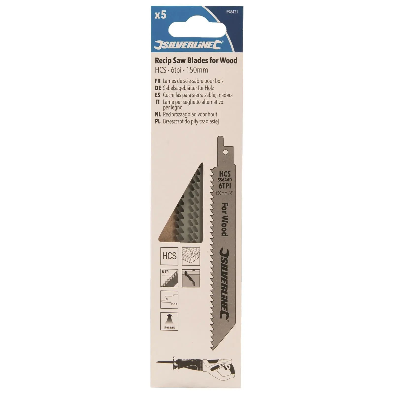 Silverline Recip Saw Blades for Wood HCS 5 Pack 6 TPI 150mm Cutting Blades