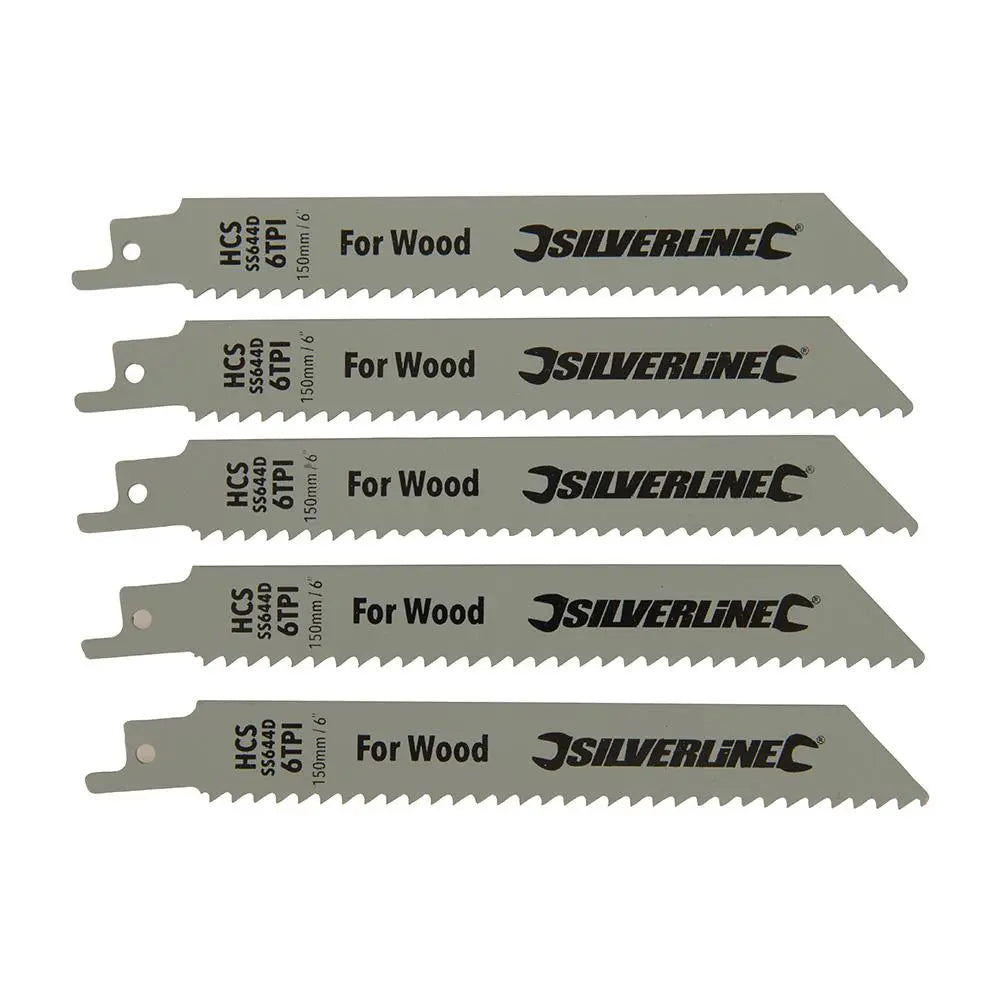 Silverline Recip Saw Blades for Wood HCS 5 Pack 6 TPI 150mm Cutting Blades