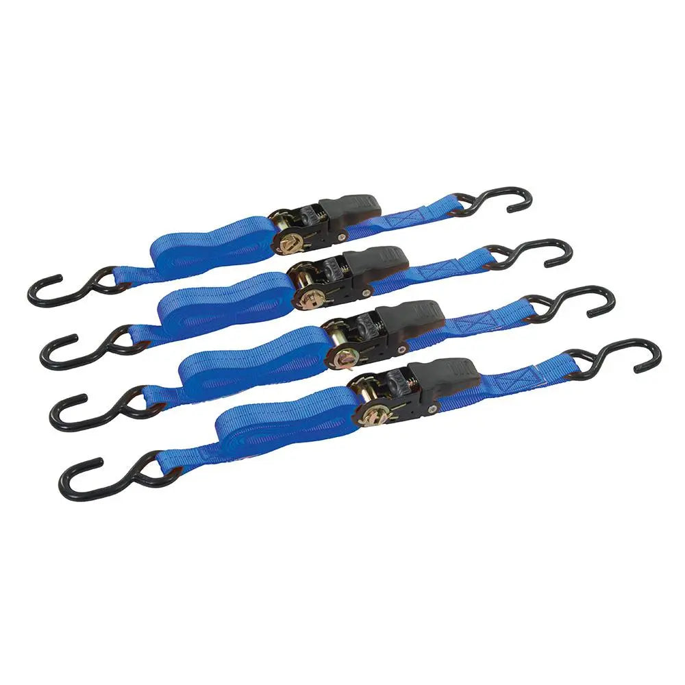 Silverline Rubber-Handled Ratchet Tie Down Strap S-Hook 4pk 4m x 25mm Rated 350kg Capacity 700kg 648419 White Rose Tools