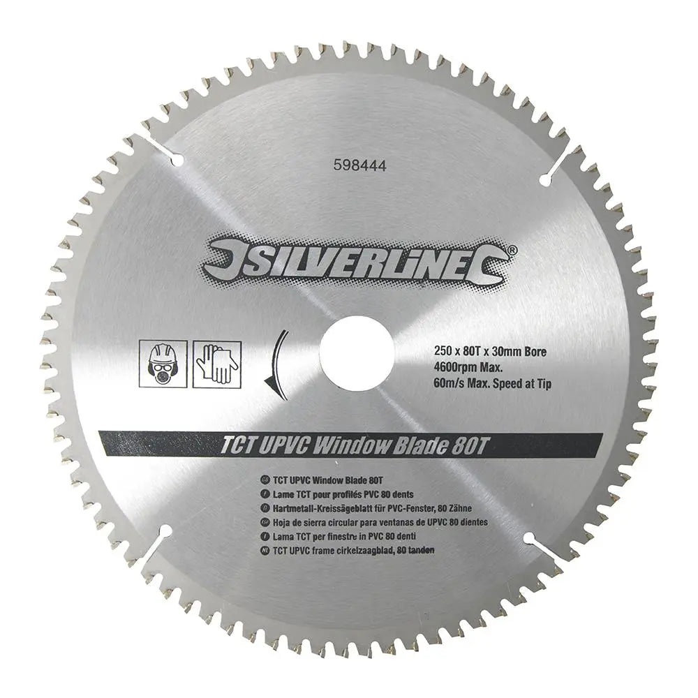 Silverline TCT UPVC Window Blade 80T 250 x 30 - 25, 20, 16mm Rings 598444  White Rose Tools
