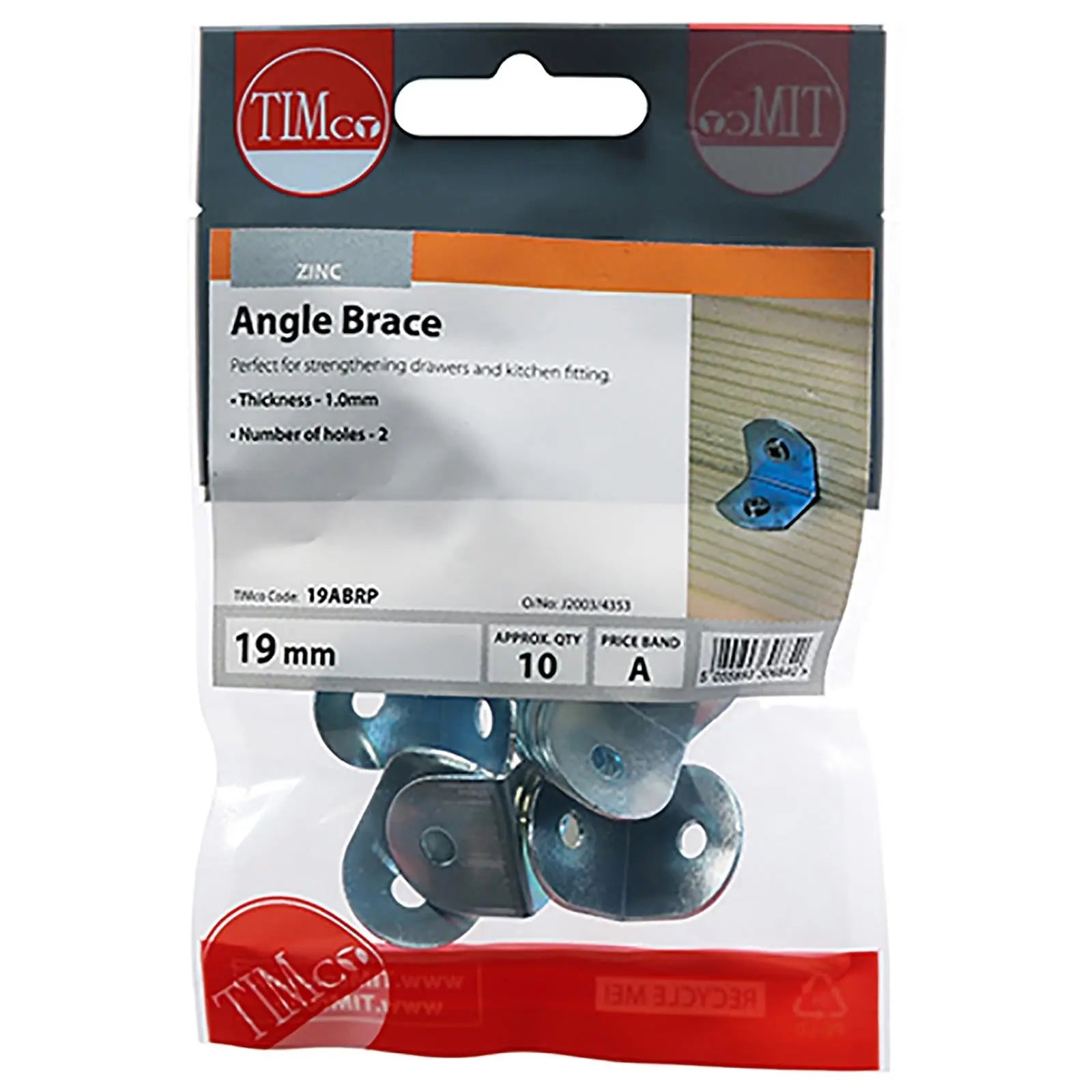 TIMCO Angled Brace for 90 Degree Joists Zinc Plated Steel 19 x 19 x 19mm 10 Pack TIMpac White Rose Tools