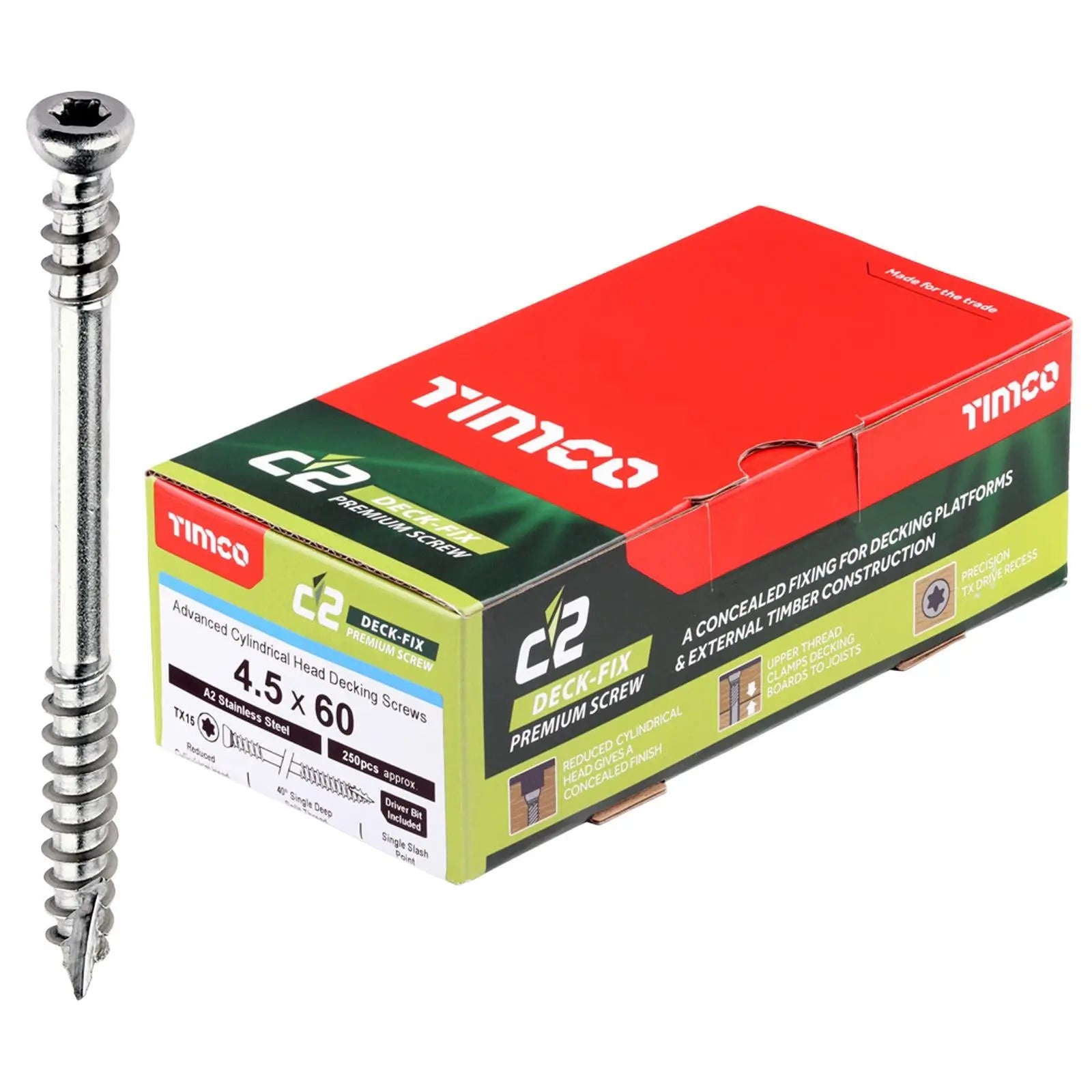 TIMCO C2 Deck Fix Premium Decking Screw Torx Stainless Steel Cylinder Single Sash 4.5 x 60mm 250 Screws White Rose Tools