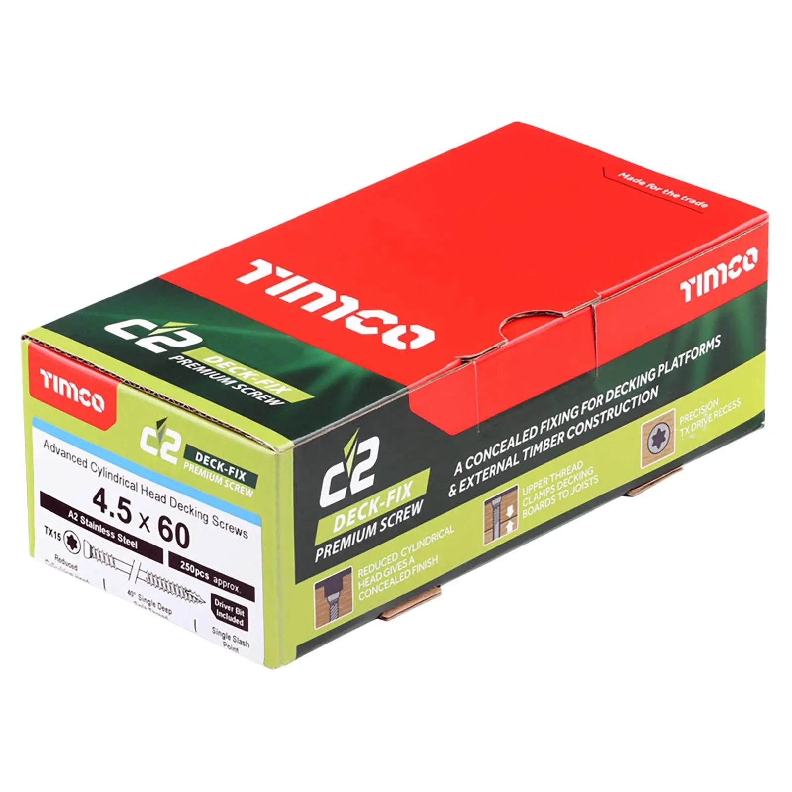 TIMCO C2 Deck Fix Premium Decking Screw Torx Stainless Steel Cylinder Single Sash 4.5 x 60mm 250 Screws White Rose Tools