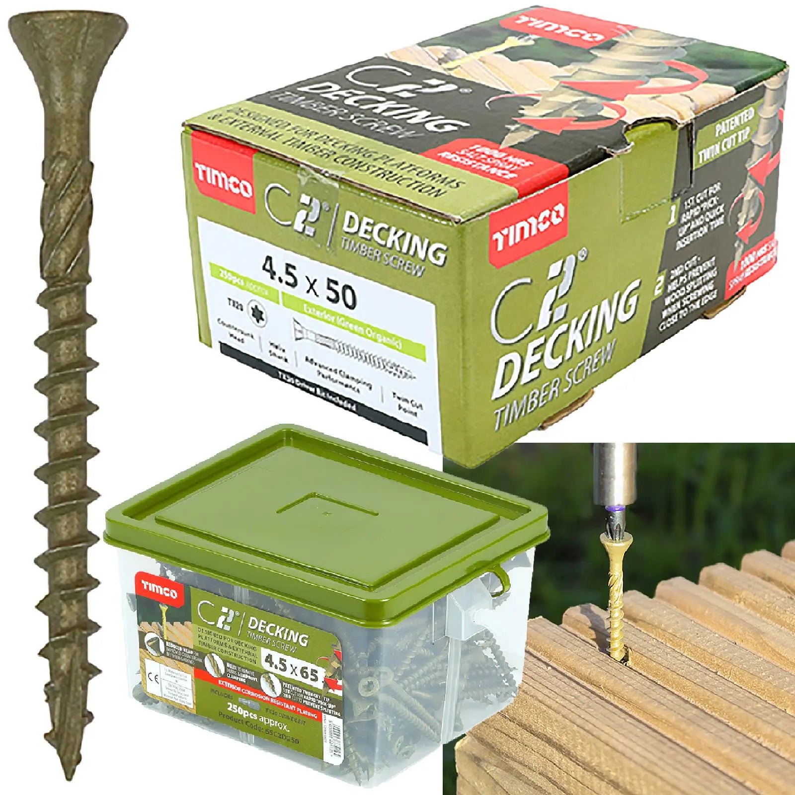 thumbnail image 2 of TIMCO Green Coated Decking Screws – 4.5mm X 50mm, 60mm, 75mm (Pozi Drive, Flat Head) 2 of 5