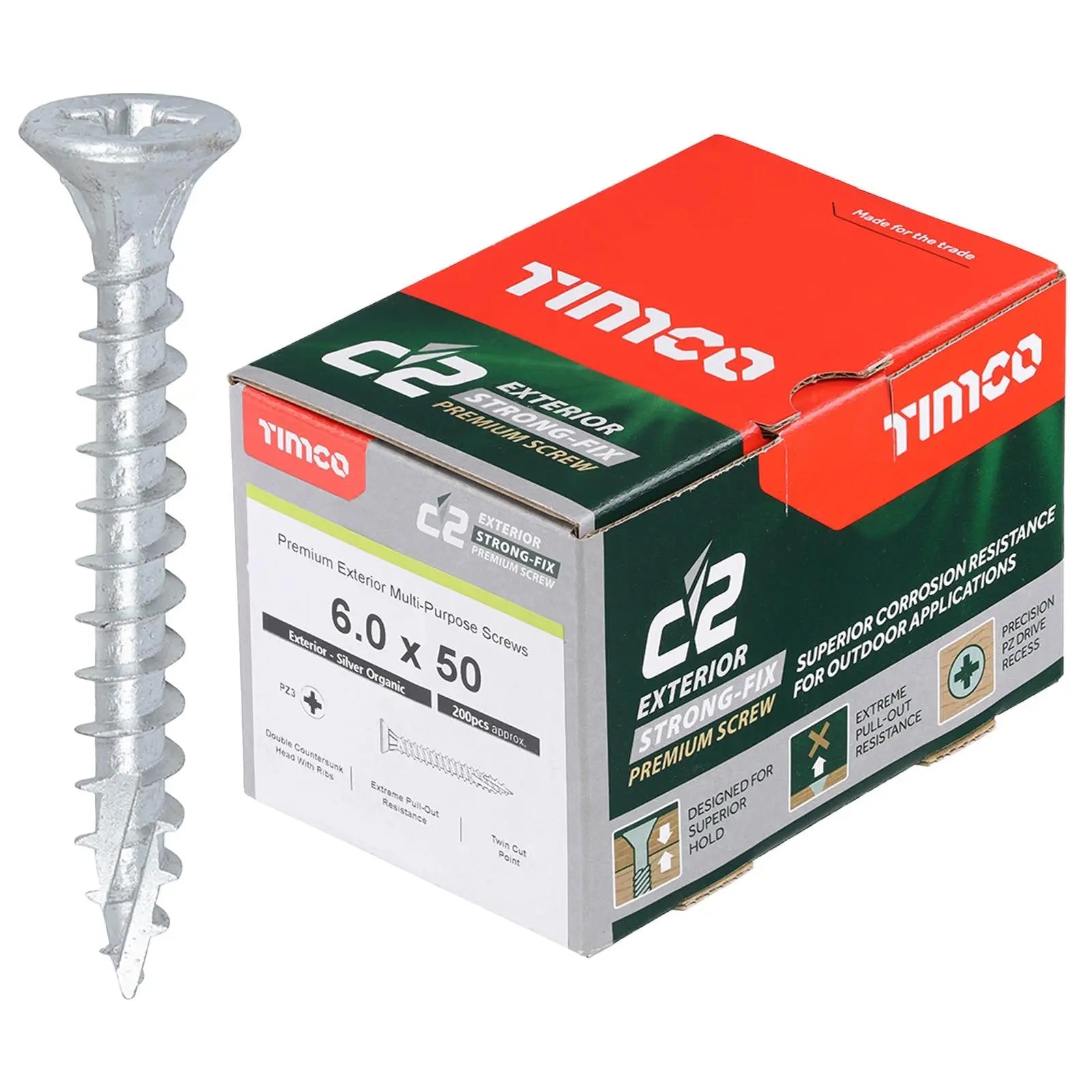 TIMCO C2 Exterior Strong Fix Premium External Wood Screws Pozi Box Exterior Silver Organic - Choose Size White Rose Tools