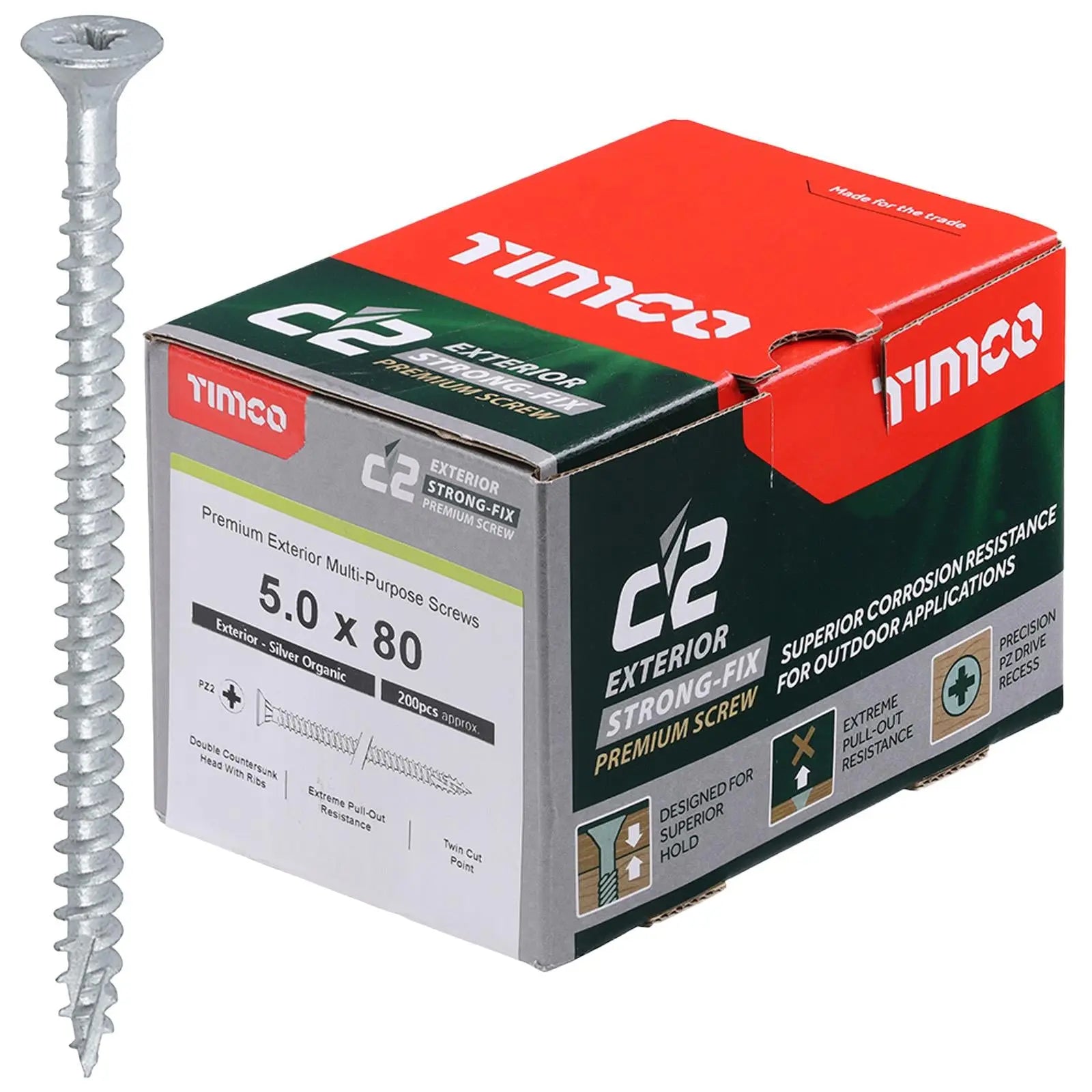 TIMCO C2 Exterior Strong Fix Premium External Wood Screws Pozi Box Exterior Silver Organic - Choose Size White Rose Tools