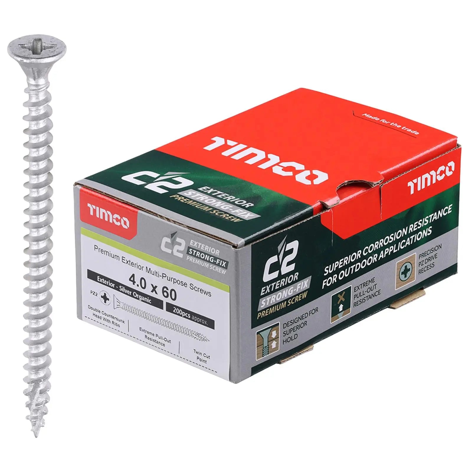 TIMCO C2 Exterior Strong Fix Premium External Wood Screws Pozi Box Exterior Silver Organic - Choose Size White Rose Tools