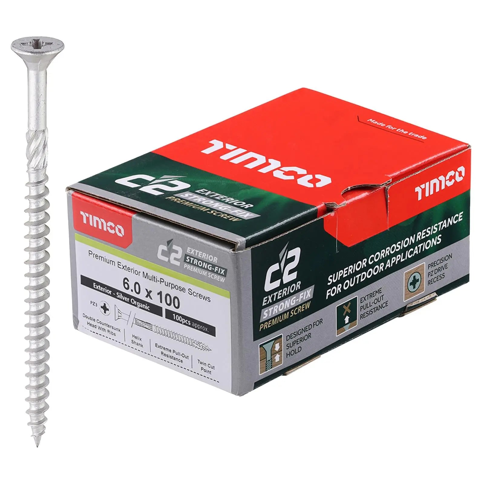 TIMCO C2 Exterior Strong Fix Premium External Wood Screws Pozi Box Exterior Silver Organic - Choose Size White Rose Tools