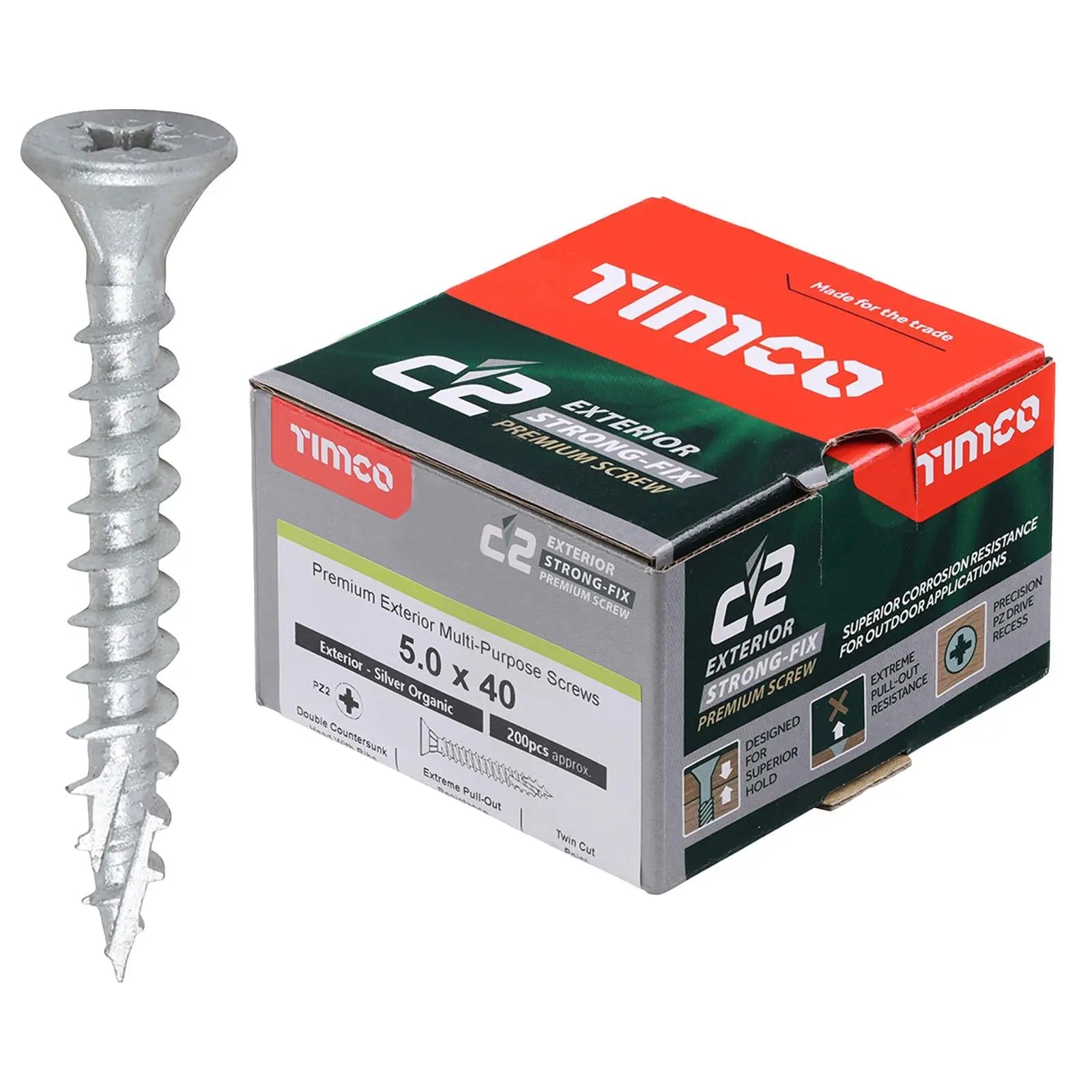 TIMCO C2 Exterior Strong Fix Premium External Wood Screws Pozi Box Exterior Silver Organic - Choose Size White Rose Tools