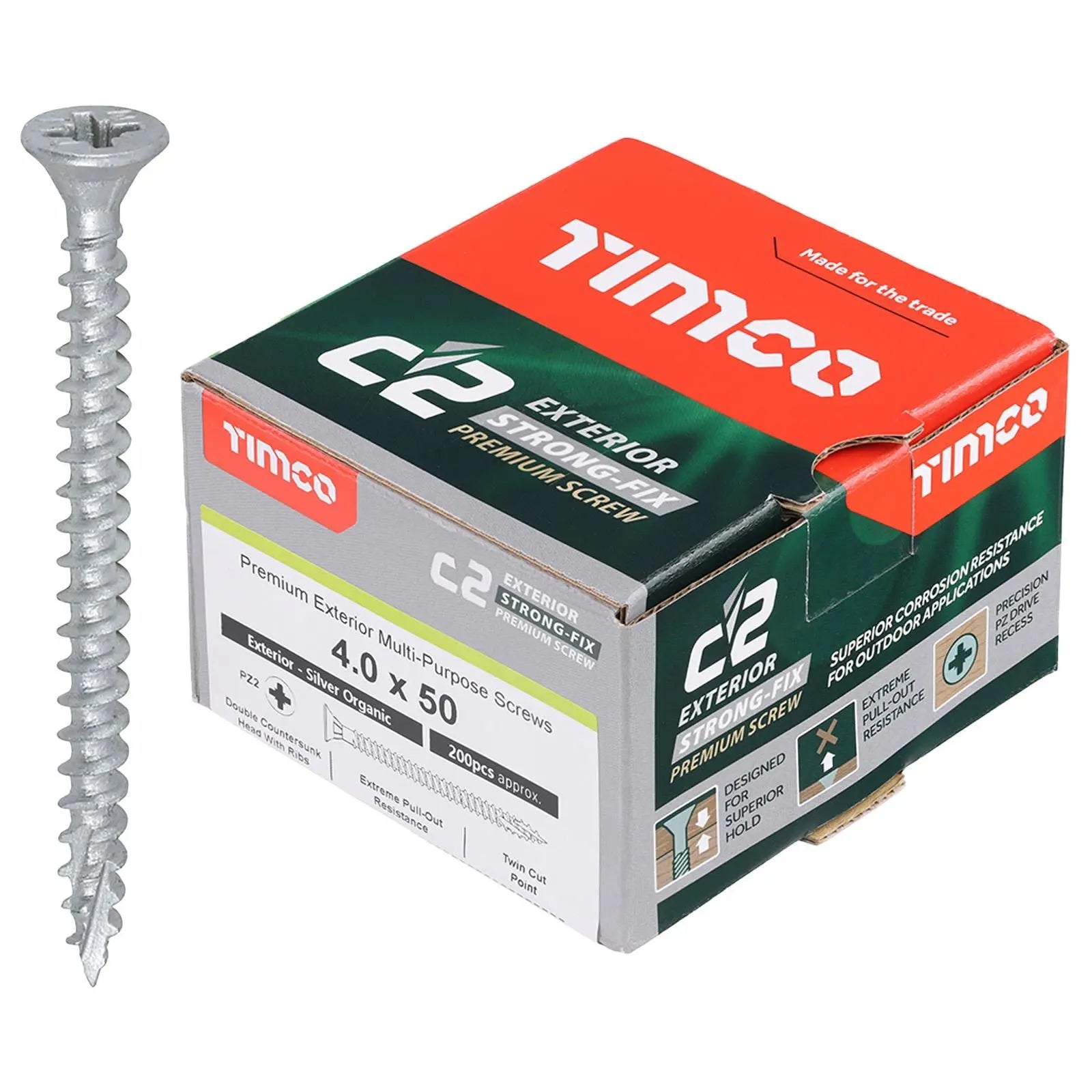 TIMCO C2 Exterior Strong Fix Premium External Wood Screws Pozi Box Exterior Silver Organic - Choose Size White Rose Tools