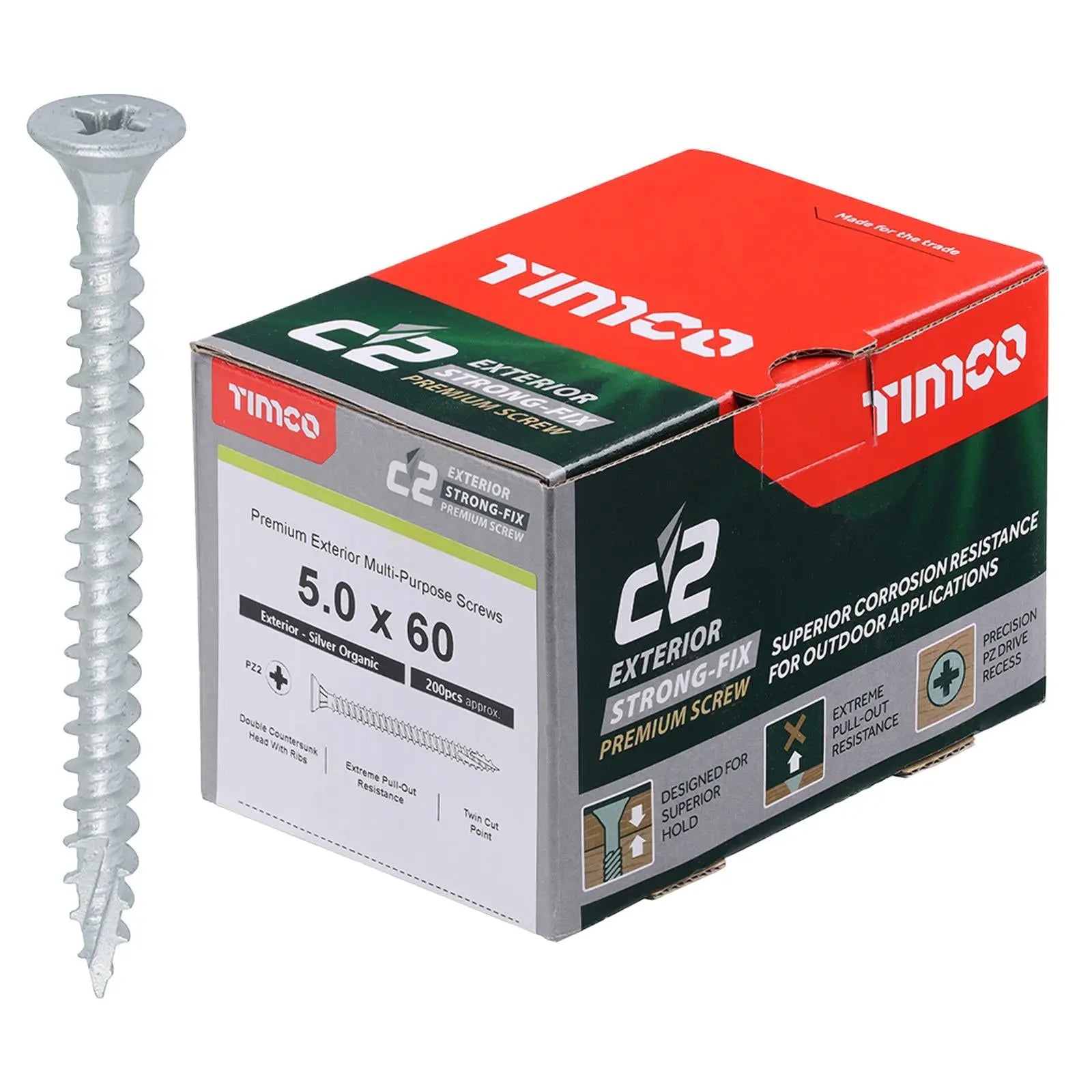 TIMCO C2 Exterior Strong Fix Premium External Wood Screws Pozi Box Exterior Silver Organic - Choose Size White Rose Tools