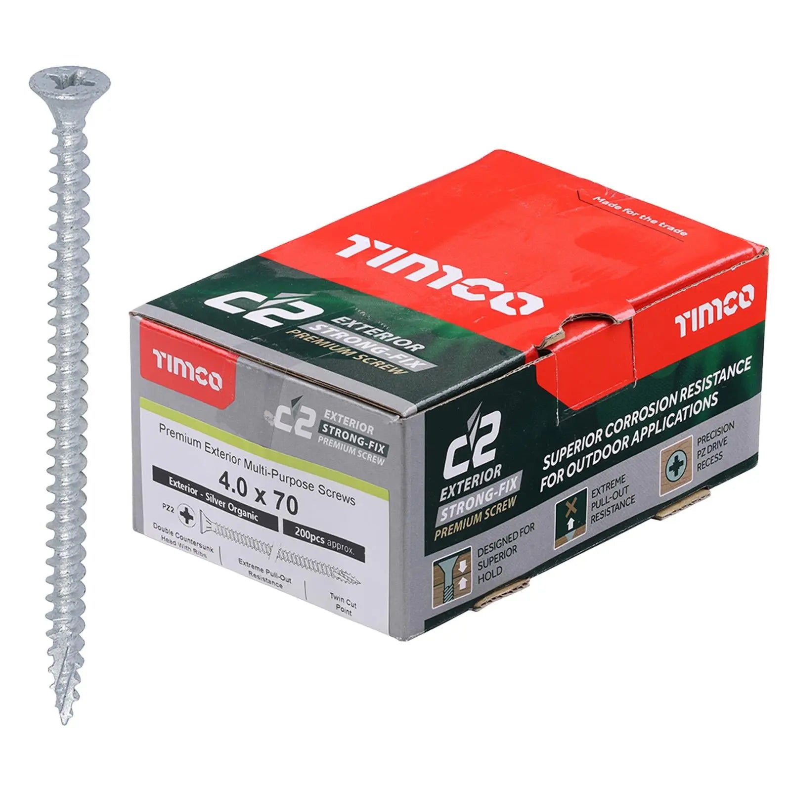 TIMCO C2 Exterior Strong Fix Premium External Wood Screws Pozi Box Exterior Silver Organic - Choose Size White Rose Tools