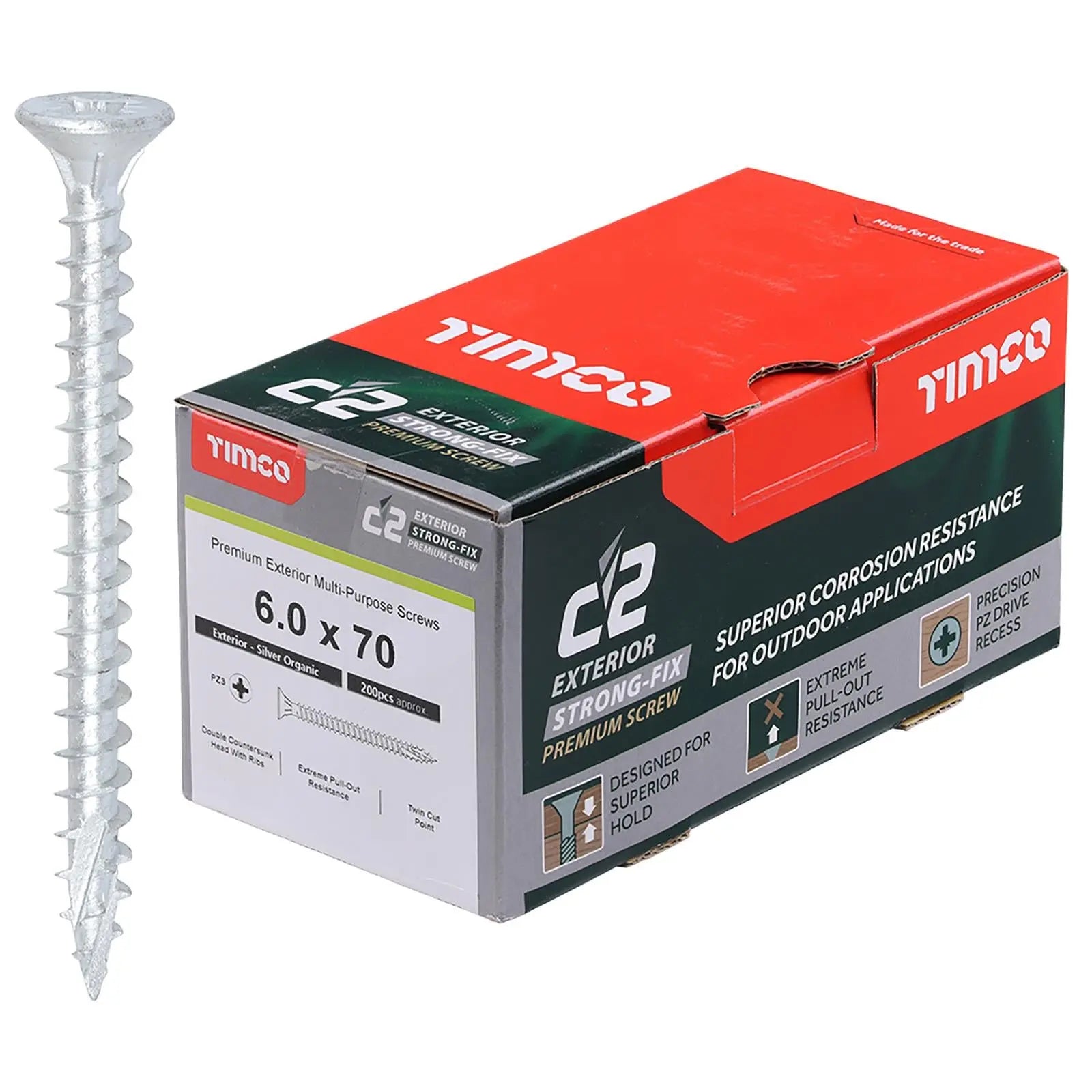 TIMCO C2 Exterior Strong Fix Premium External Wood Screws Pozi Box Exterior Silver Organic - Choose Size White Rose Tools