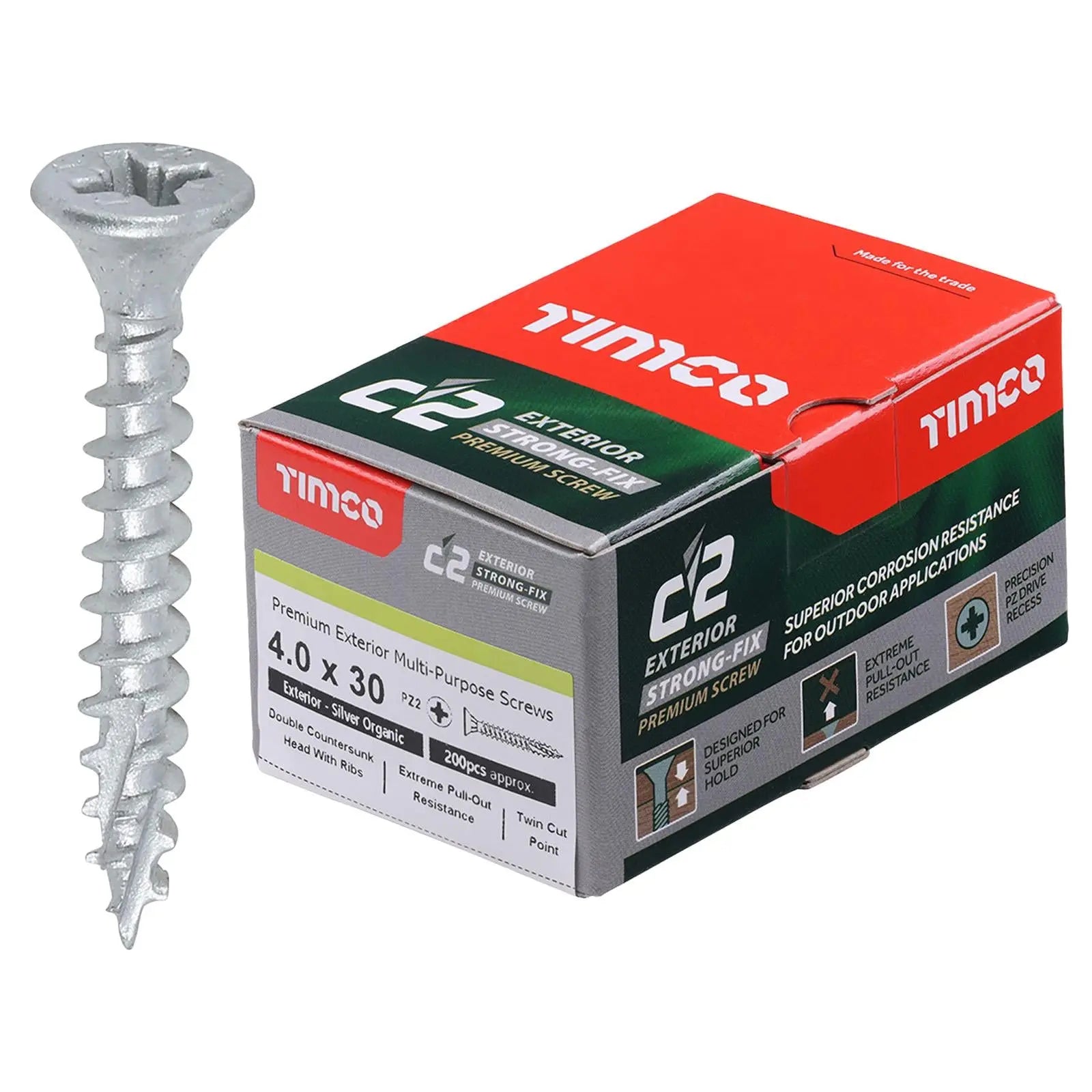 TIMCO C2 Exterior Strong Fix Premium External Wood Screws Pozi Box Exterior Silver Organic - Choose Size White Rose Tools