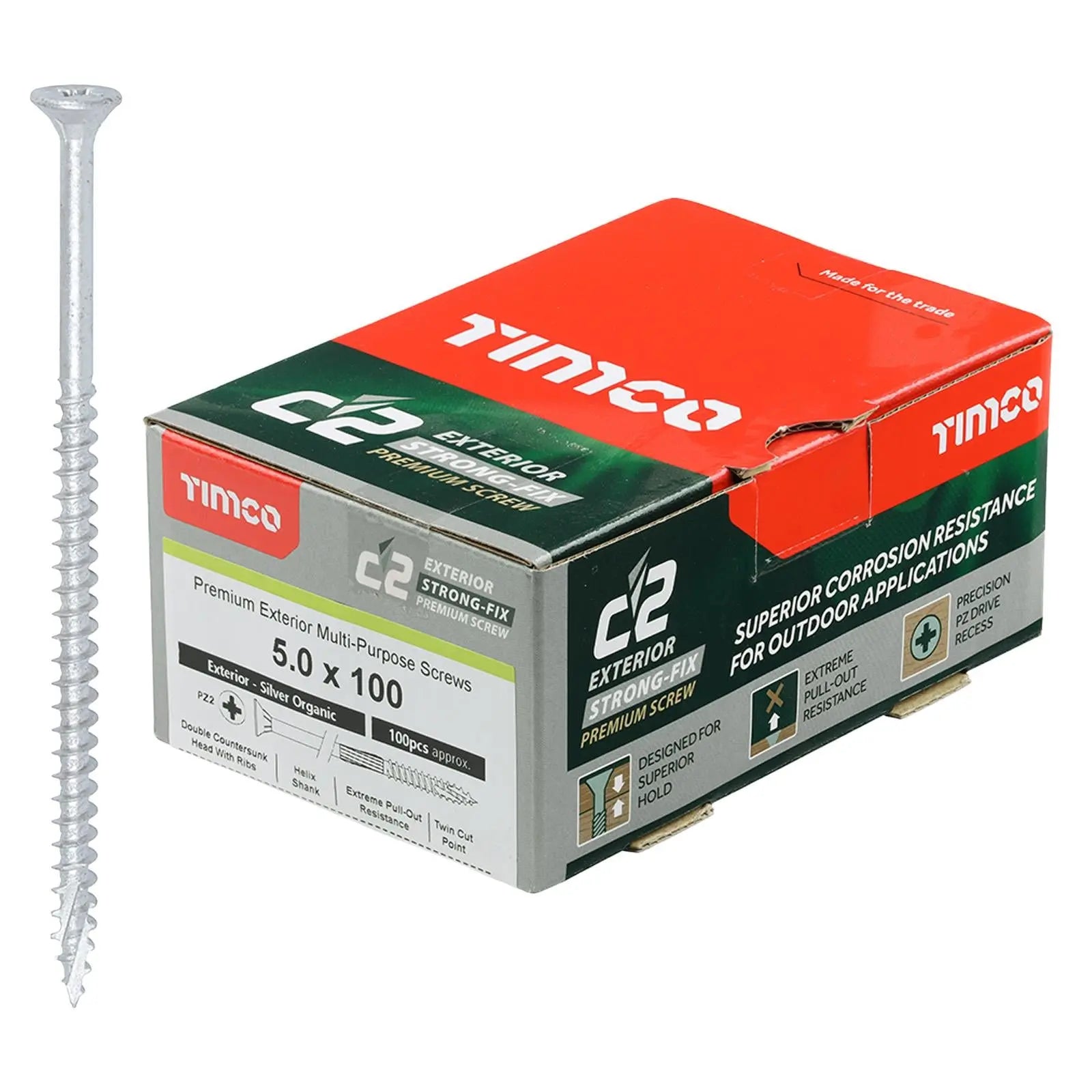 TIMCO C2 Exterior Strong Fix Premium External Wood Screws Pozi Box Exterior Silver Organic - Choose Size White Rose Tools