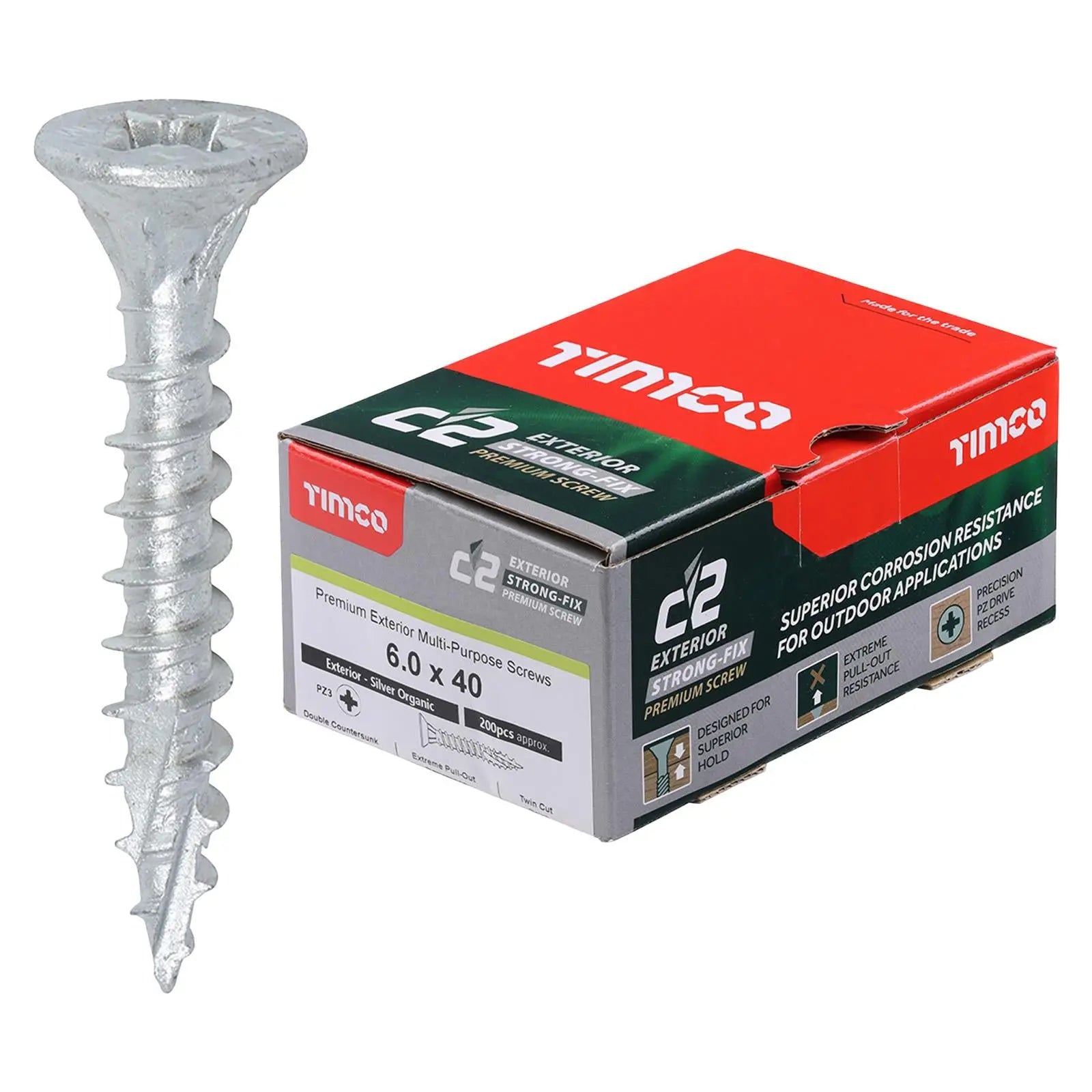 TIMCO C2 Exterior Strong Fix Premium External Wood Screws Pozi Box Exterior Silver Organic - Choose Size White Rose Tools