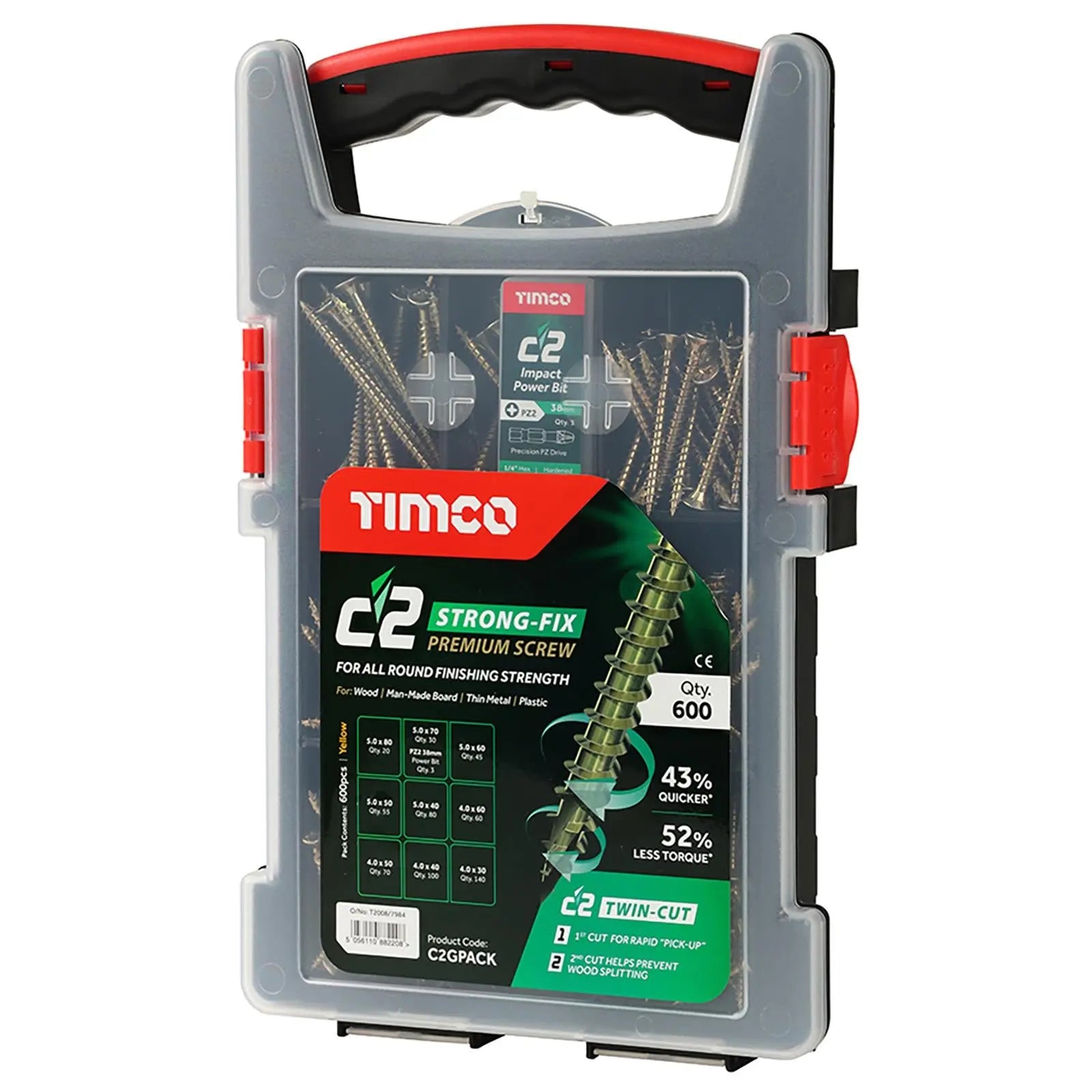 TIMCO C2 Strong Fix Pozi Grab Pack Premium Wood Screws 600 Pieces in Divider Storage Case White Rose Tools