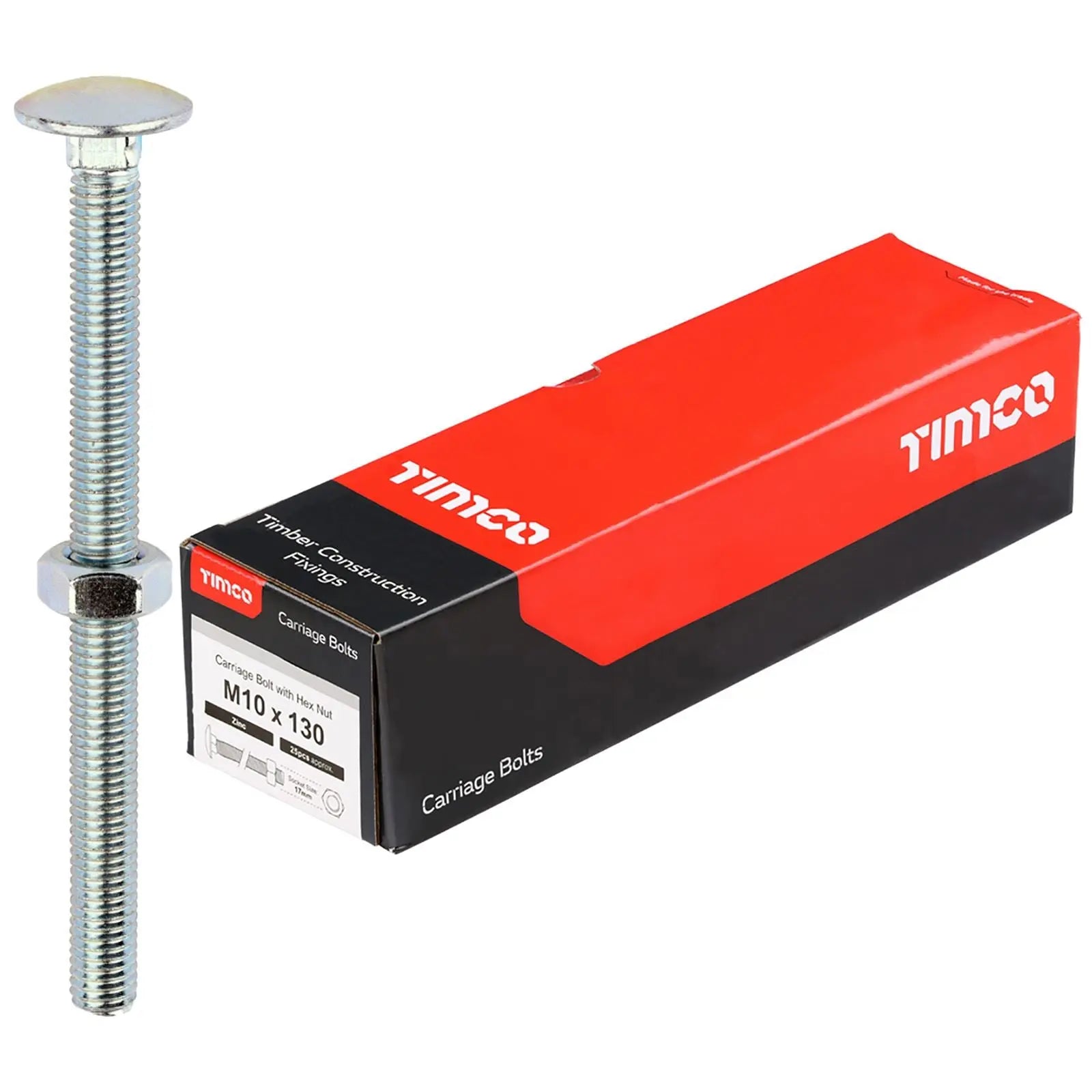 TIMCO Carriage Bolts with Hex Nuts 4.8 Grade Zinc Carbon Steel Boxed M6-M16 - Choose Size White Rose Tools