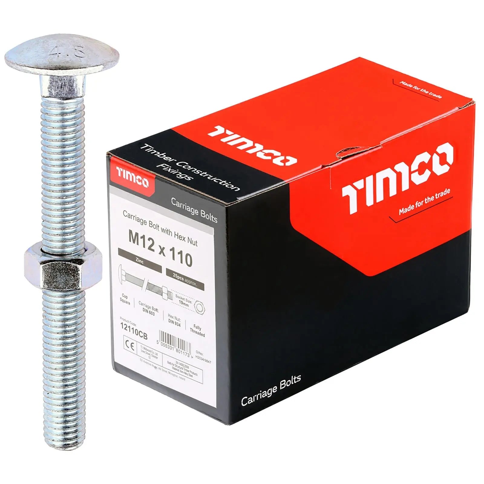 TIMCO Carriage Bolts with Hex Nuts 4.8 Grade Zinc Carbon Steel Boxed M6-M16 - Choose Size White Rose Tools