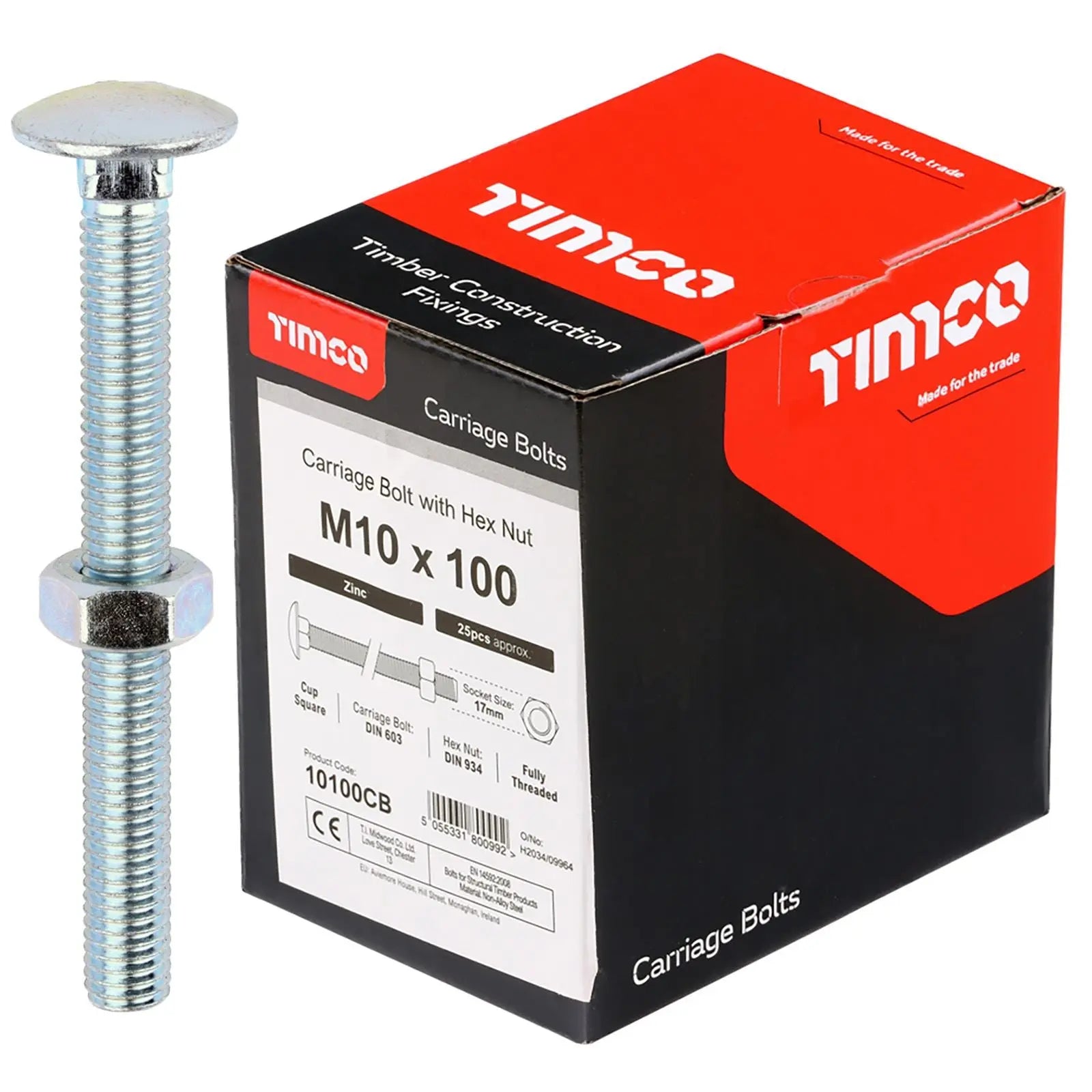 TIMCO Carriage Bolts with Hex Nuts 4.8 Grade Zinc Carbon Steel Boxed M6-M16 - Choose Size White Rose Tools