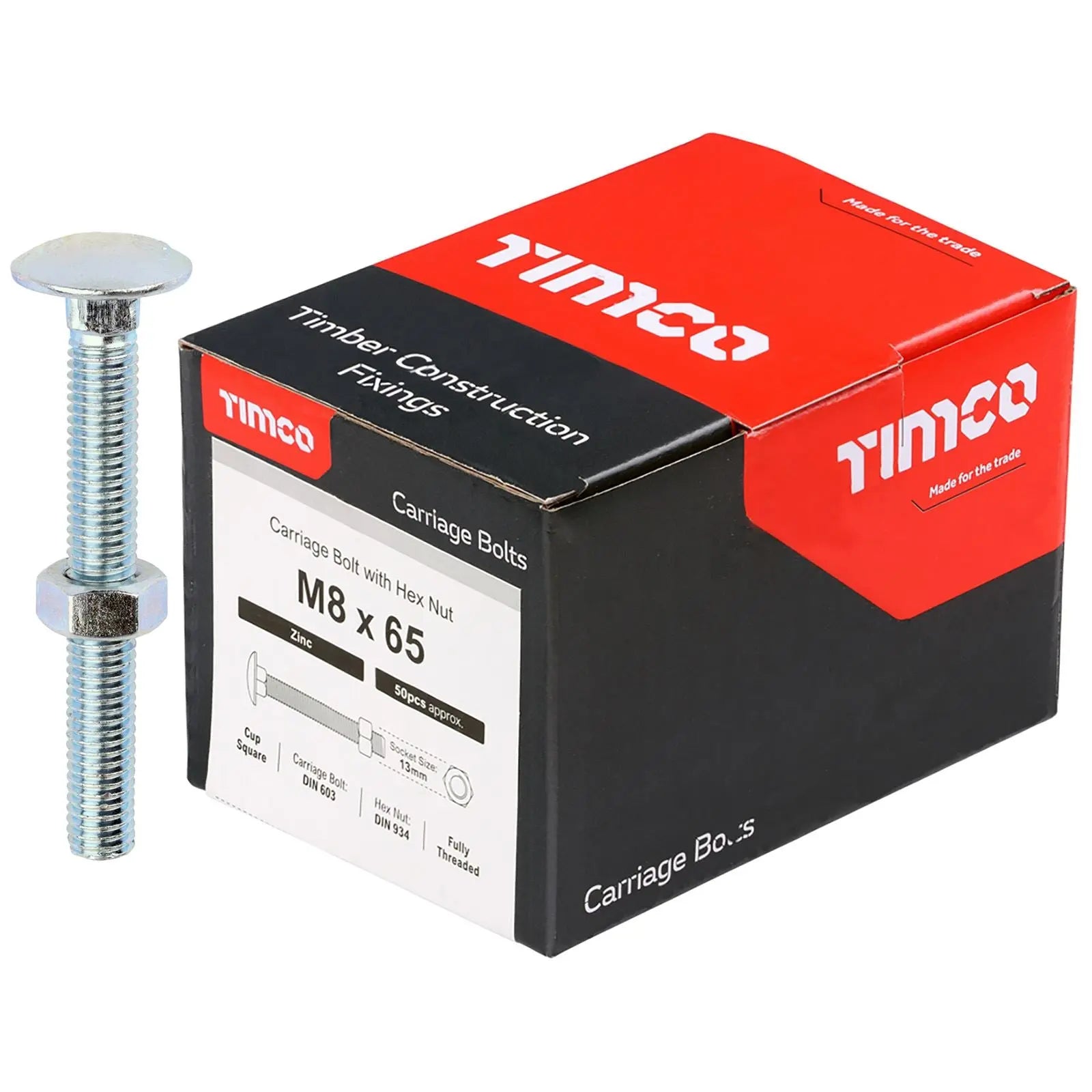 TIMCO Carriage Bolts with Hex Nuts 4.8 Grade Zinc Carbon Steel Boxed M6-M16 - Choose Size White Rose Tools