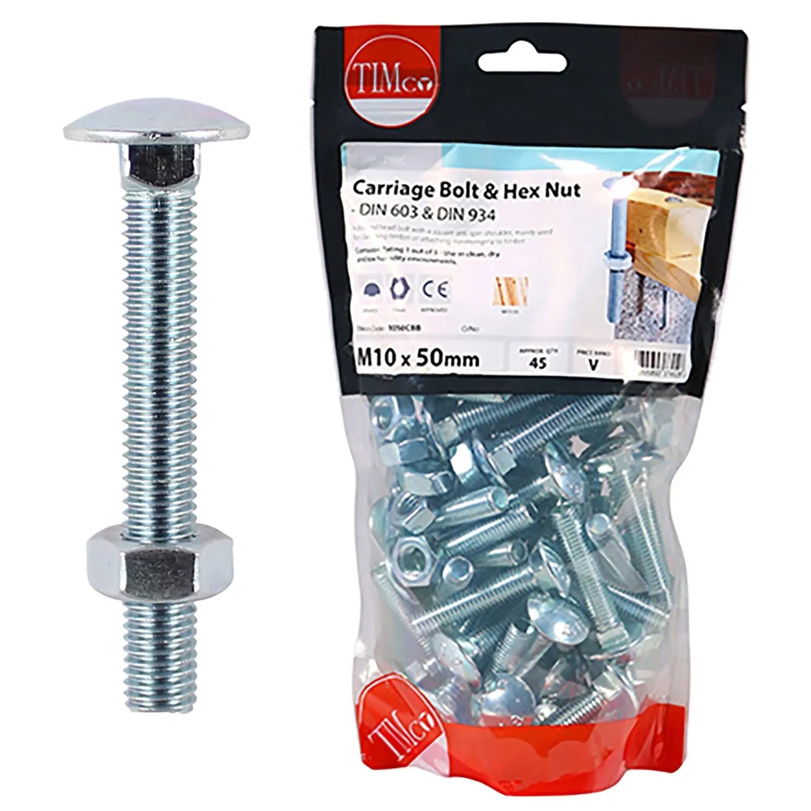 TIMCO Carriage Bolts with Hex Nuts 4.8 Grade Zinc Carbon Steel TIMbag M6-M12 - Choose Size White Rose Tools