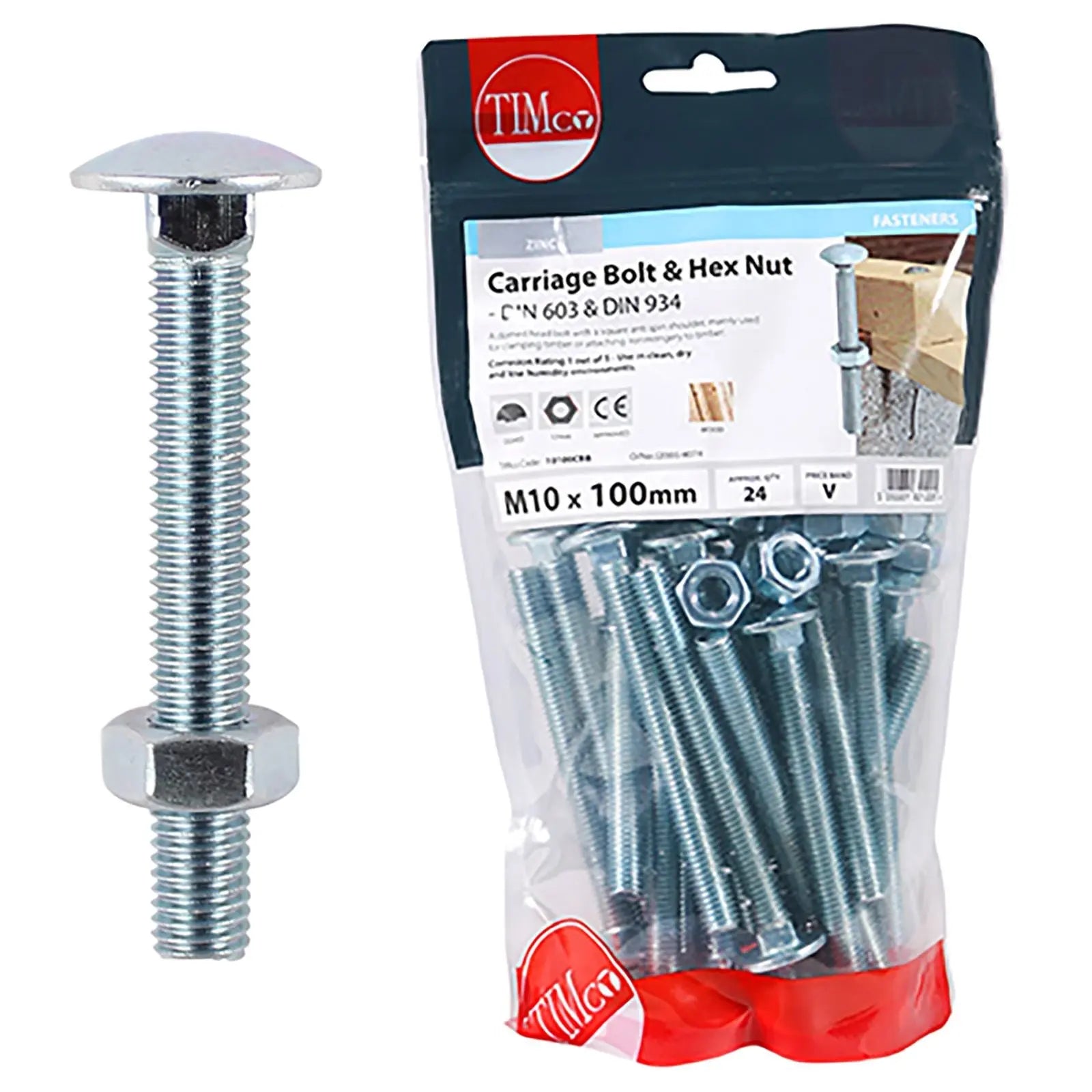 TIMCO Carriage Bolts with Hex Nuts 4.8 Grade Zinc Carbon Steel TIMbag M6-M12 - Choose Size White Rose Tools