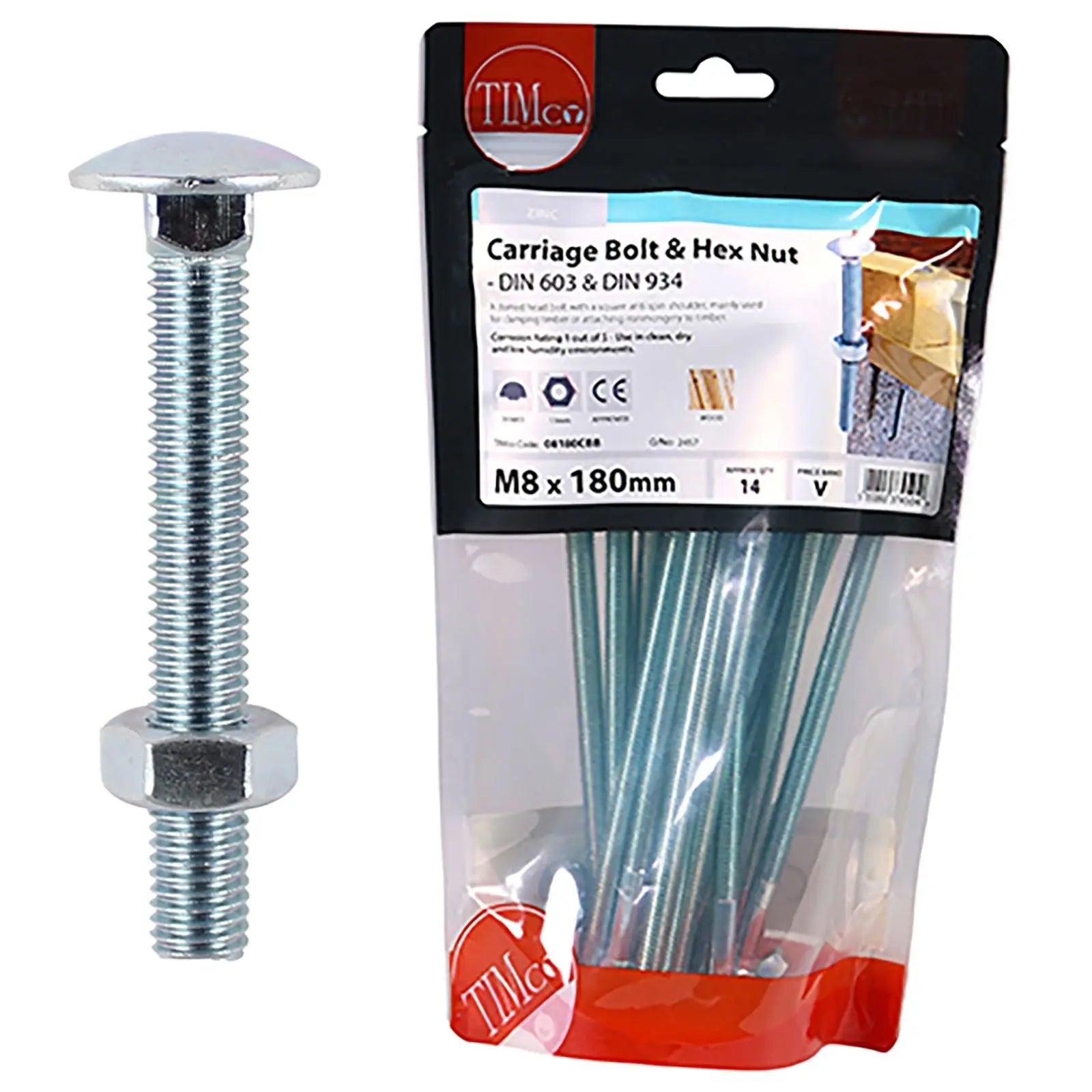 TIMCO Carriage Bolts with Hex Nuts 4.8 Grade Zinc Carbon Steel TIMbag M6-M12 - Choose Size  White Rose Tools