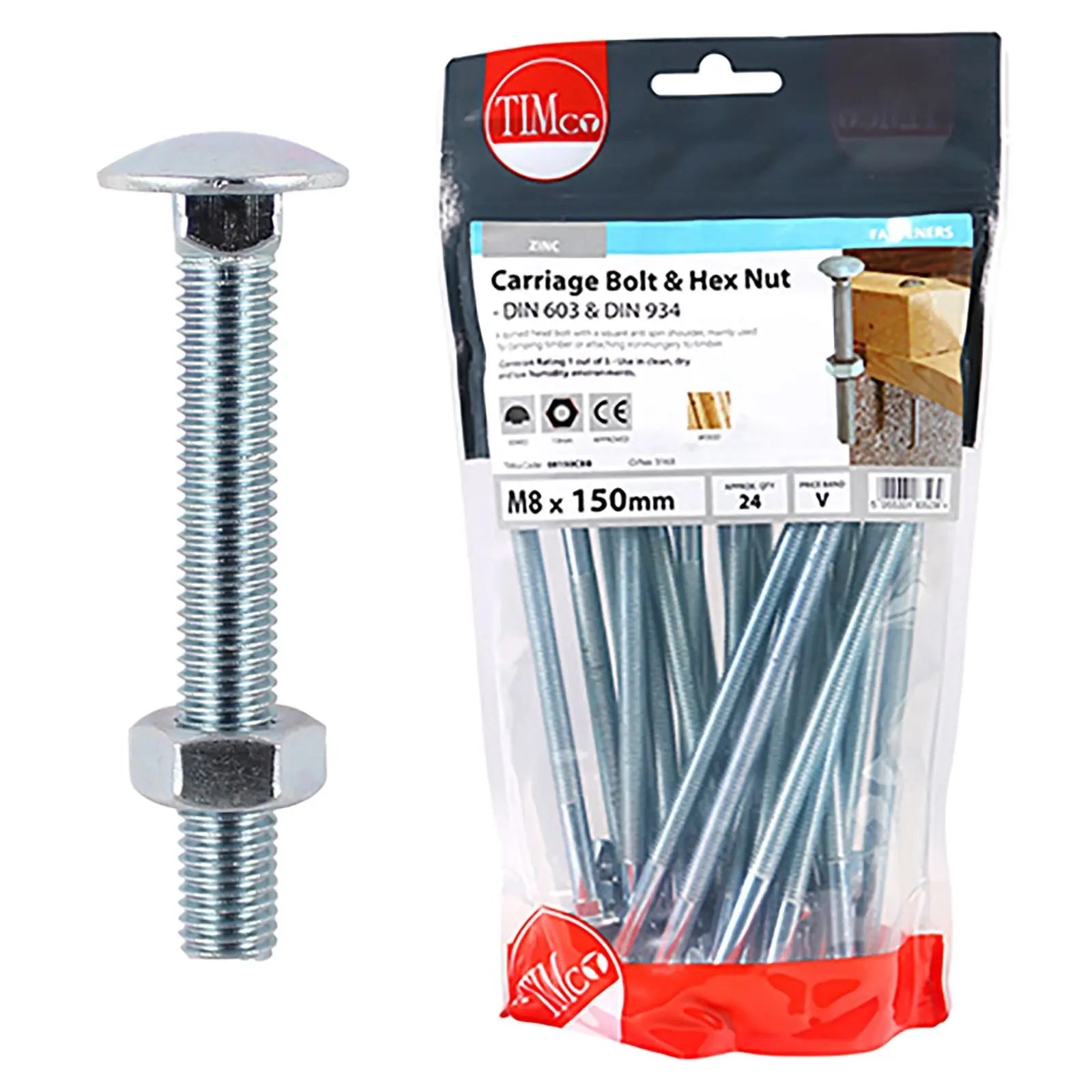 TIMCO Carriage Bolts with Hex Nuts 4.8 Grade Zinc Carbon Steel TIMbag M6-M12 - Choose Size  White Rose Tools