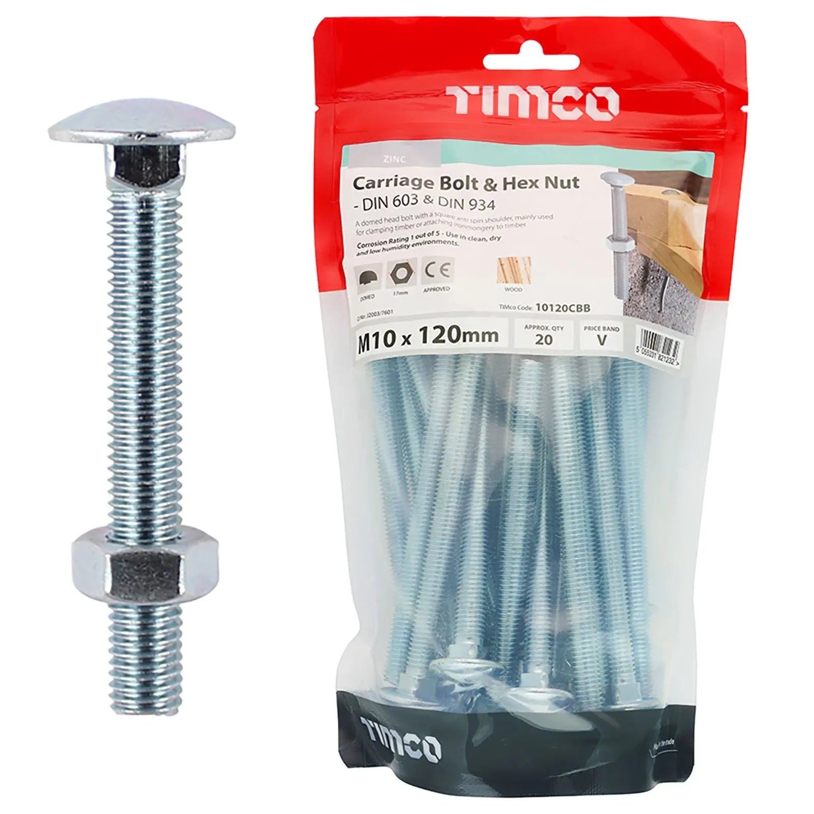 TIMCO Carriage Bolts with Hex Nuts 4.8 Grade Zinc Carbon Steel TIMbag M6-M12 - Choose Size  White Rose Tools