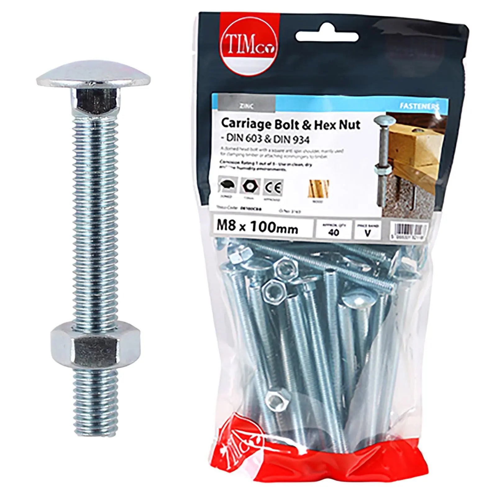 TIMCO Carriage Bolts with Hex Nuts 4.8 Grade Zinc Carbon Steel TIMbag M6-M12 - Choose Size  White Rose Tools