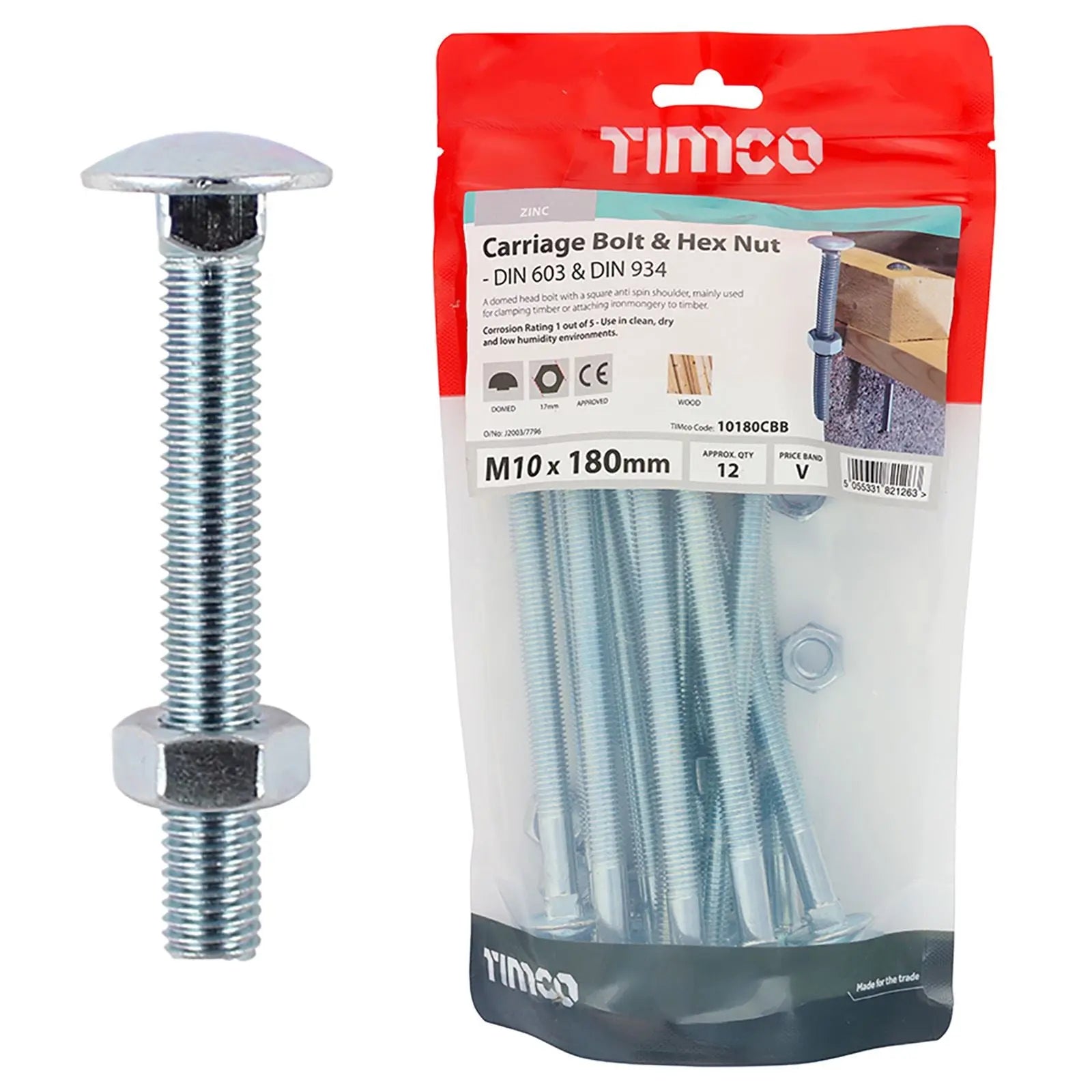 TIMCO Carriage Bolts with Hex Nuts 4.8 Grade Zinc Carbon Steel TIMbag M6-M12 - Choose Size  White Rose Tools
