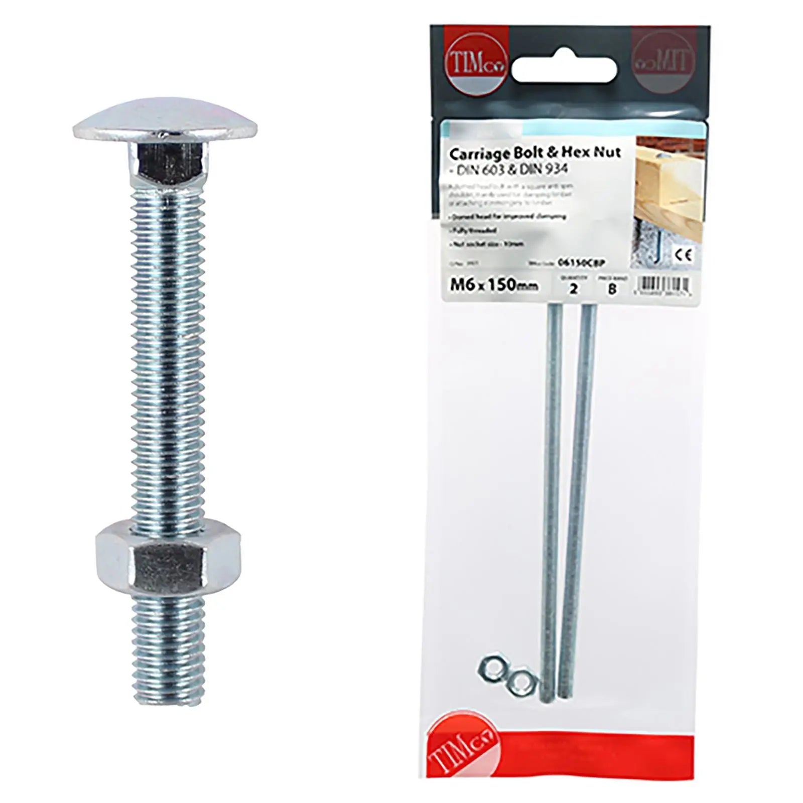 TIMCO Carriage Bolts with Hex Nuts 4.8 Grade Zinc Carbon Steel TIMpac M6-M12 - Choose Size White Rose Tools