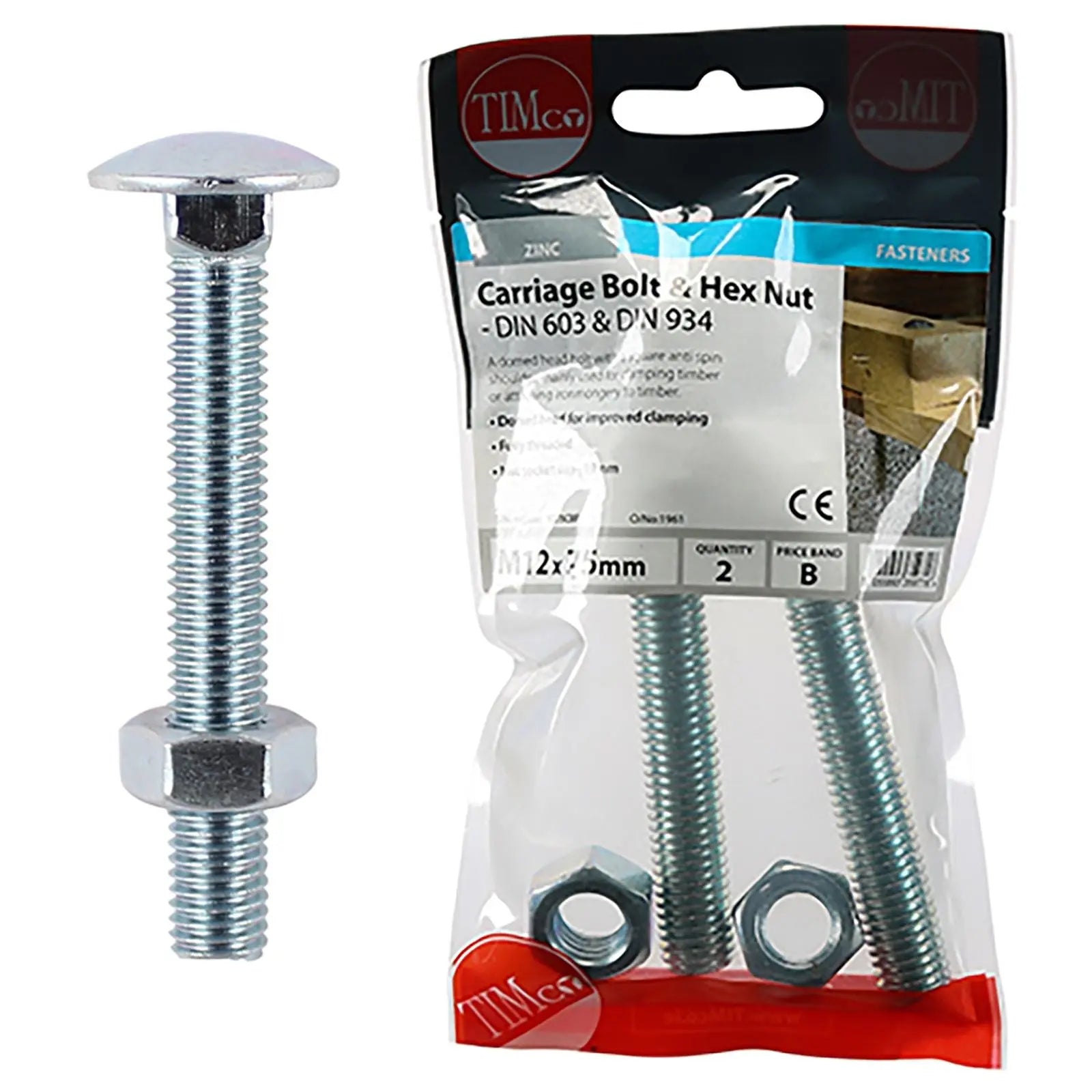 TIMCO Carriage Bolts with Hex Nuts 4.8 Grade Zinc Carbon Steel TIMpac M6-M12 - Choose Size White Rose Tools