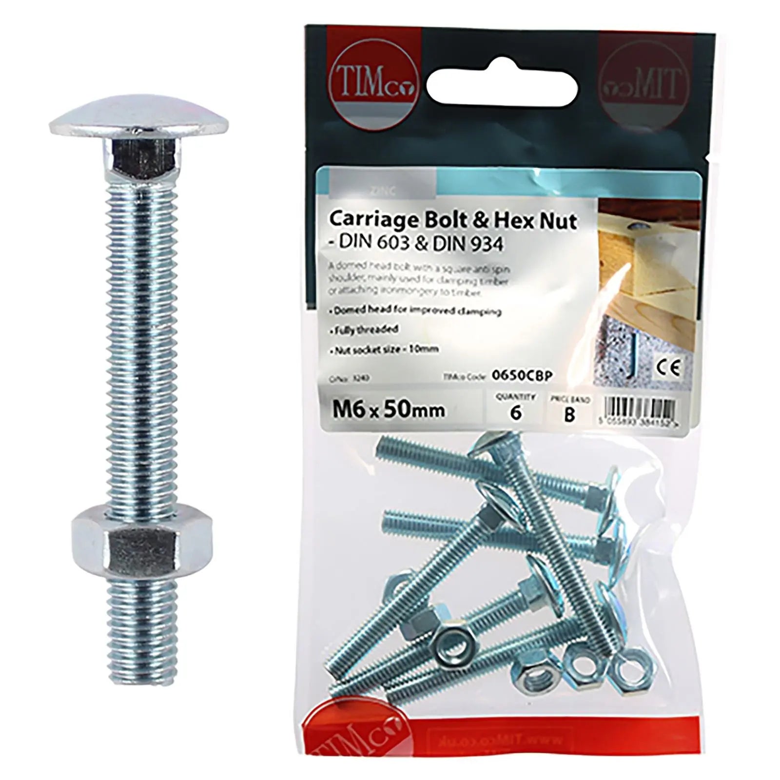 TIMCO Carriage Bolts with Hex Nuts 4.8 Grade Zinc Carbon Steel TIMpac M6-M12 - Choose Size White Rose Tools