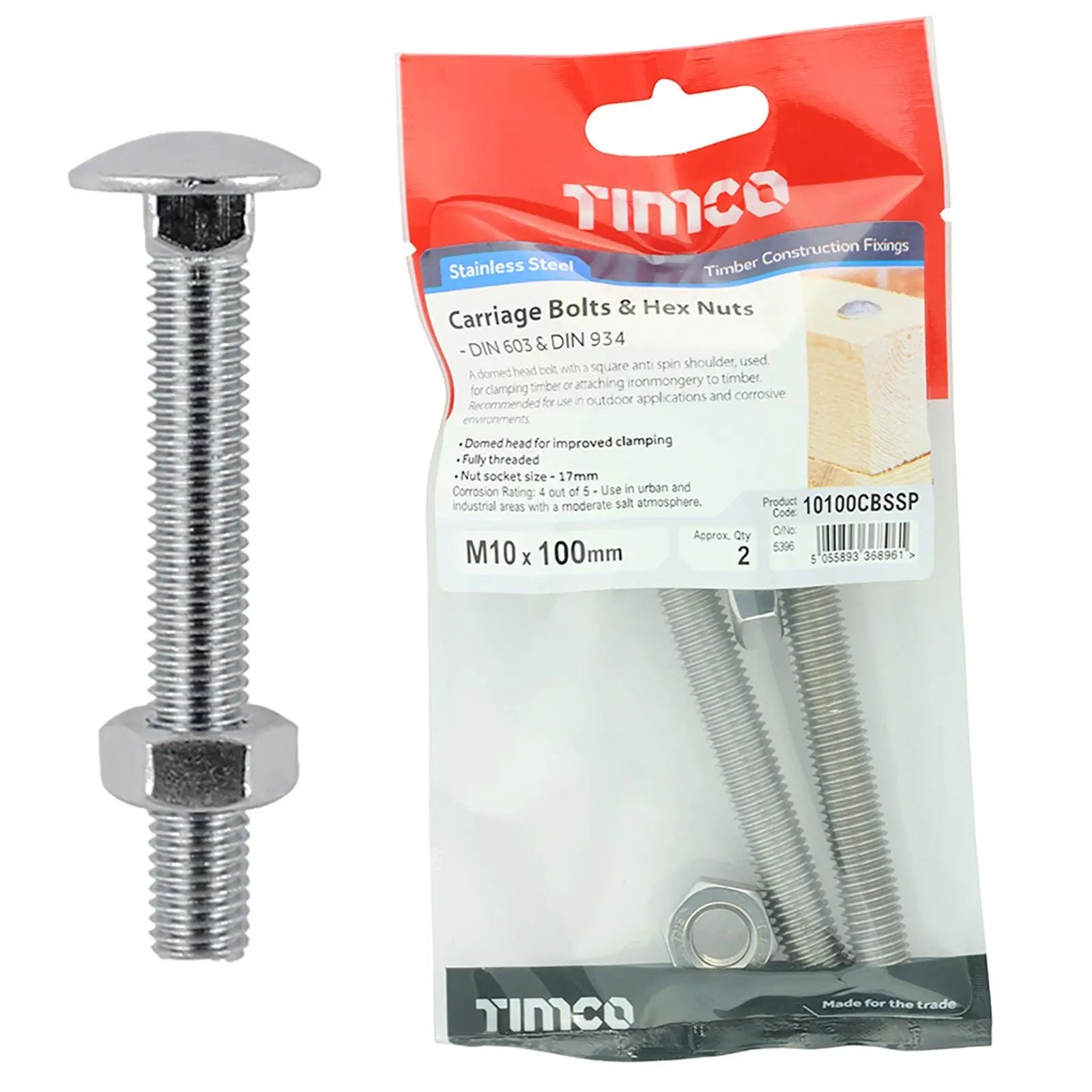 TIMCO Carriage Bolts with Hex Nuts A2 Austenitic Stainless Steel TIMpac M8-M12 - Choose Size White Rose Tools