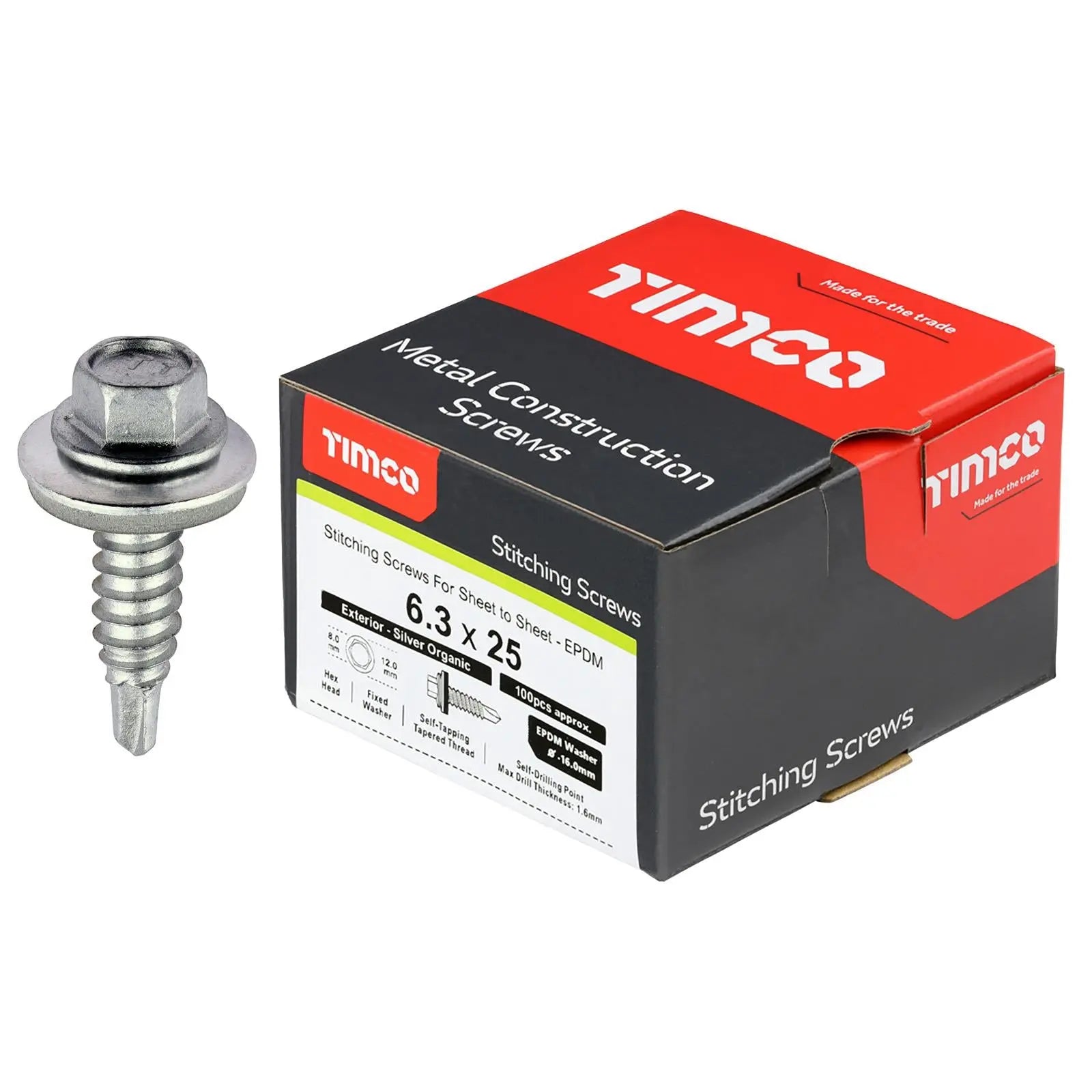 TIMCO Metal Stitching Screw for Sheet to Sheet 16mm EPDM Washer Bi-Metal Exterior Zinc - Choose Size  White Rose Tools