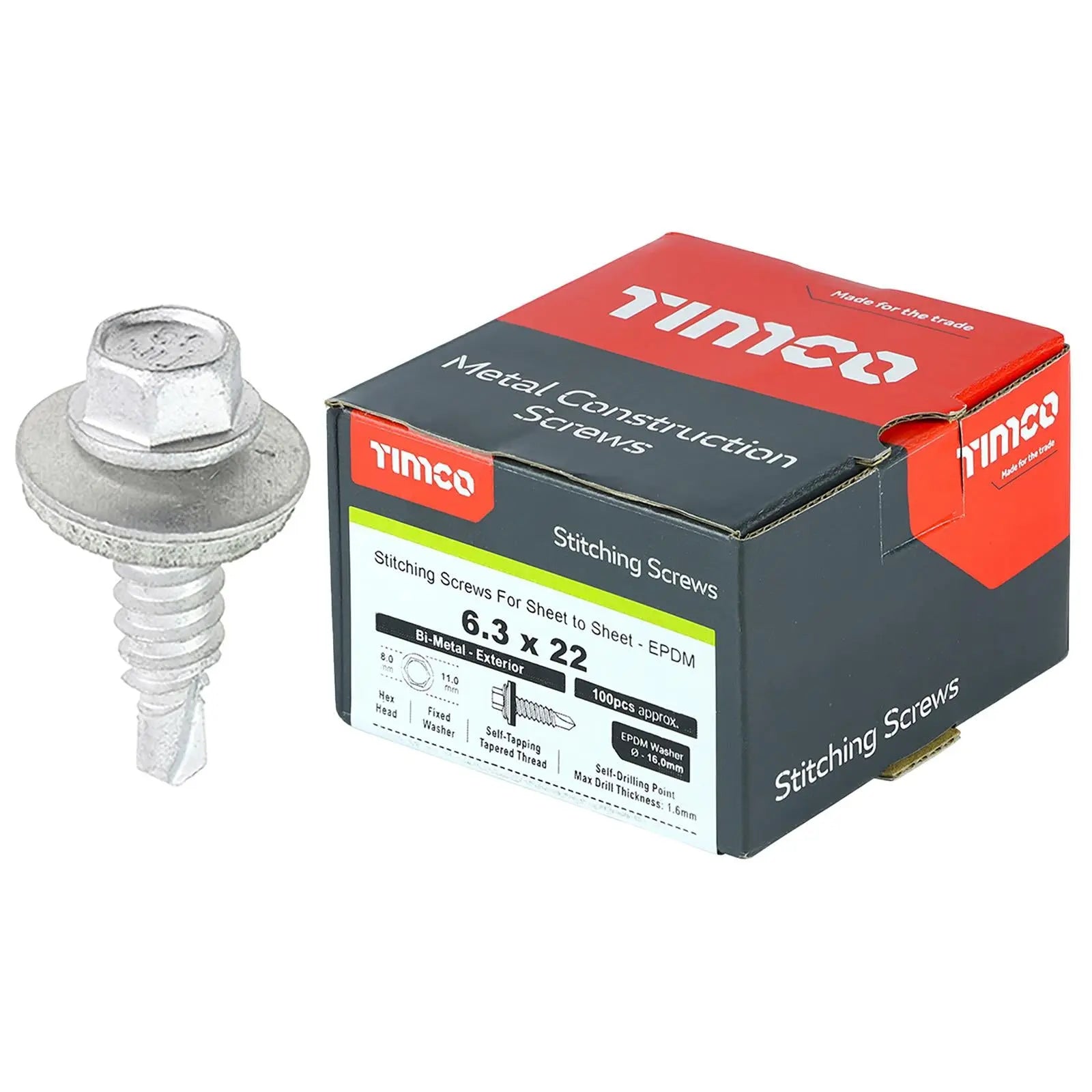 TIMCO Metal Stitching Screw for Sheet to Sheet 16mm EPDM Washer Bi-Metal Exterior Zinc - Choose Size  White Rose Tools