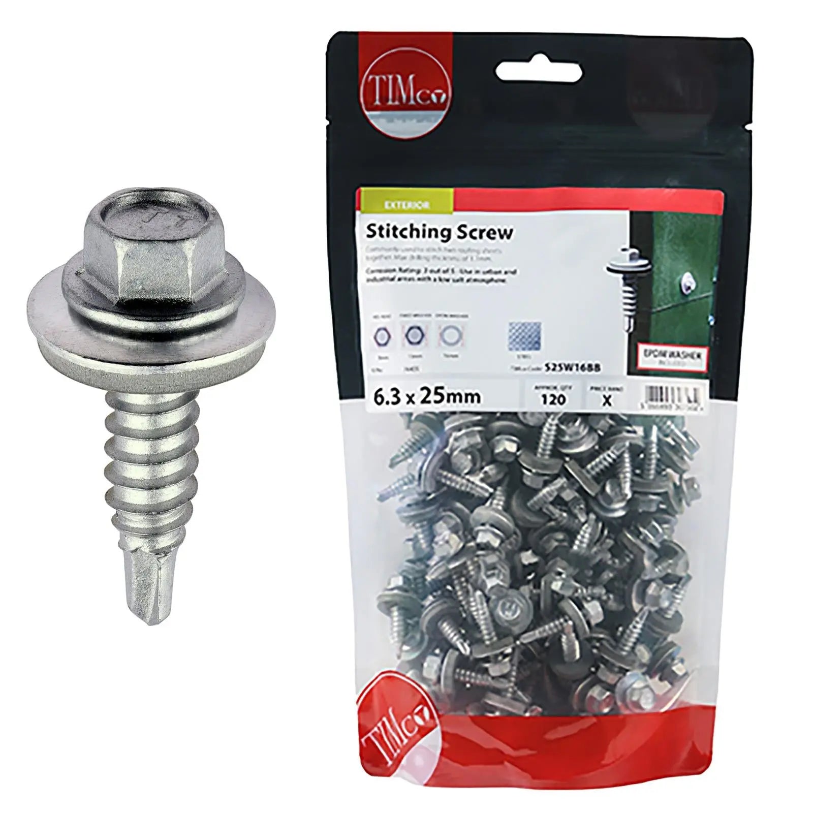 TIMCO Metal Stitching Screw for Sheet to Sheet 16mm EPDM Washer Bi-Metal Exterior Zinc - Choose Size  White Rose Tools