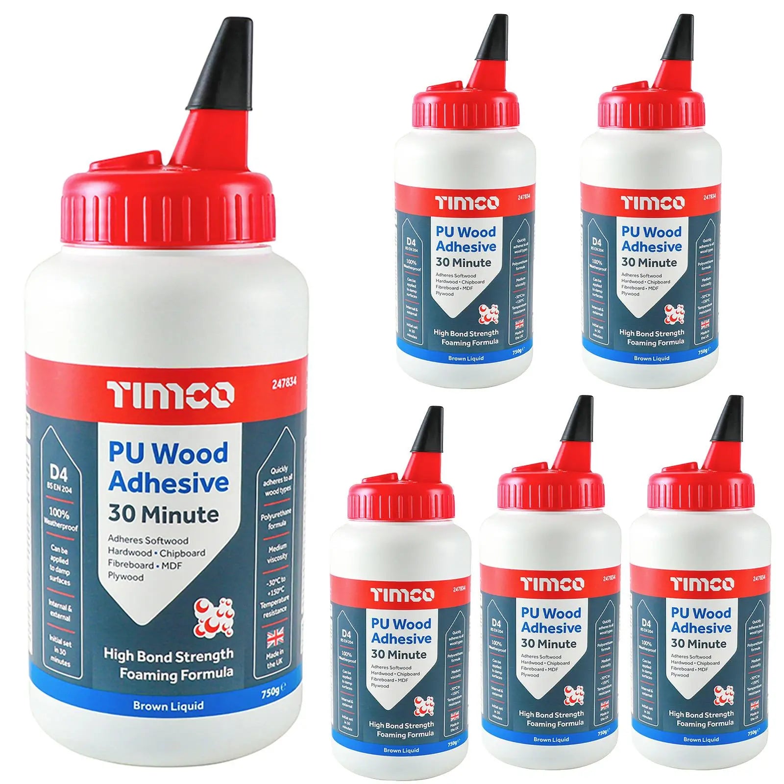 TIMCO PU Wood Adhesive Glue 30 Minute 750g Brown Liquid Bottle (6 Pack)  White Rose Tools