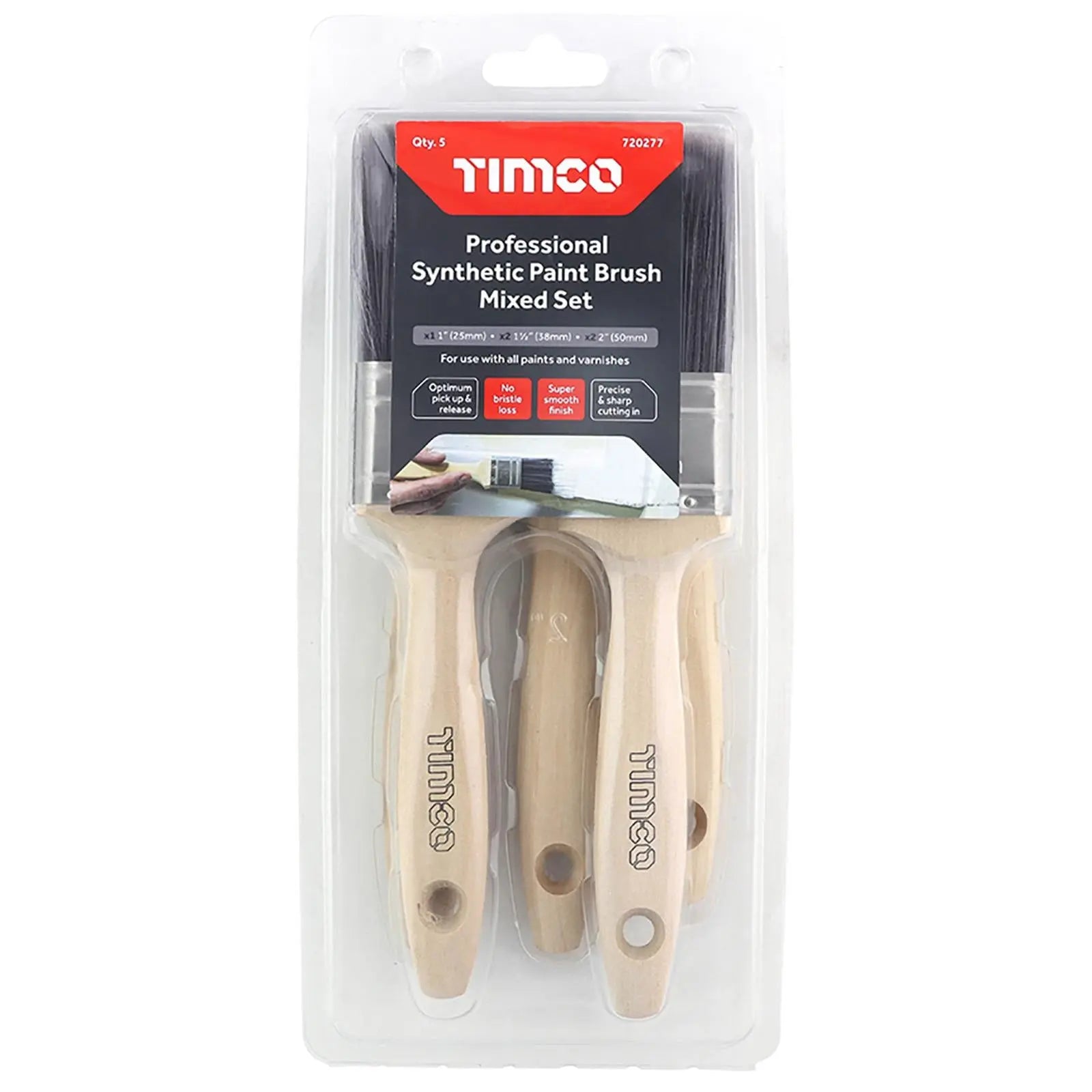 TIMCO Paint Brush Set Professional Synthetic 5 Pack 25mm 38mm 50mm No Bristle Loss White Rose Tools