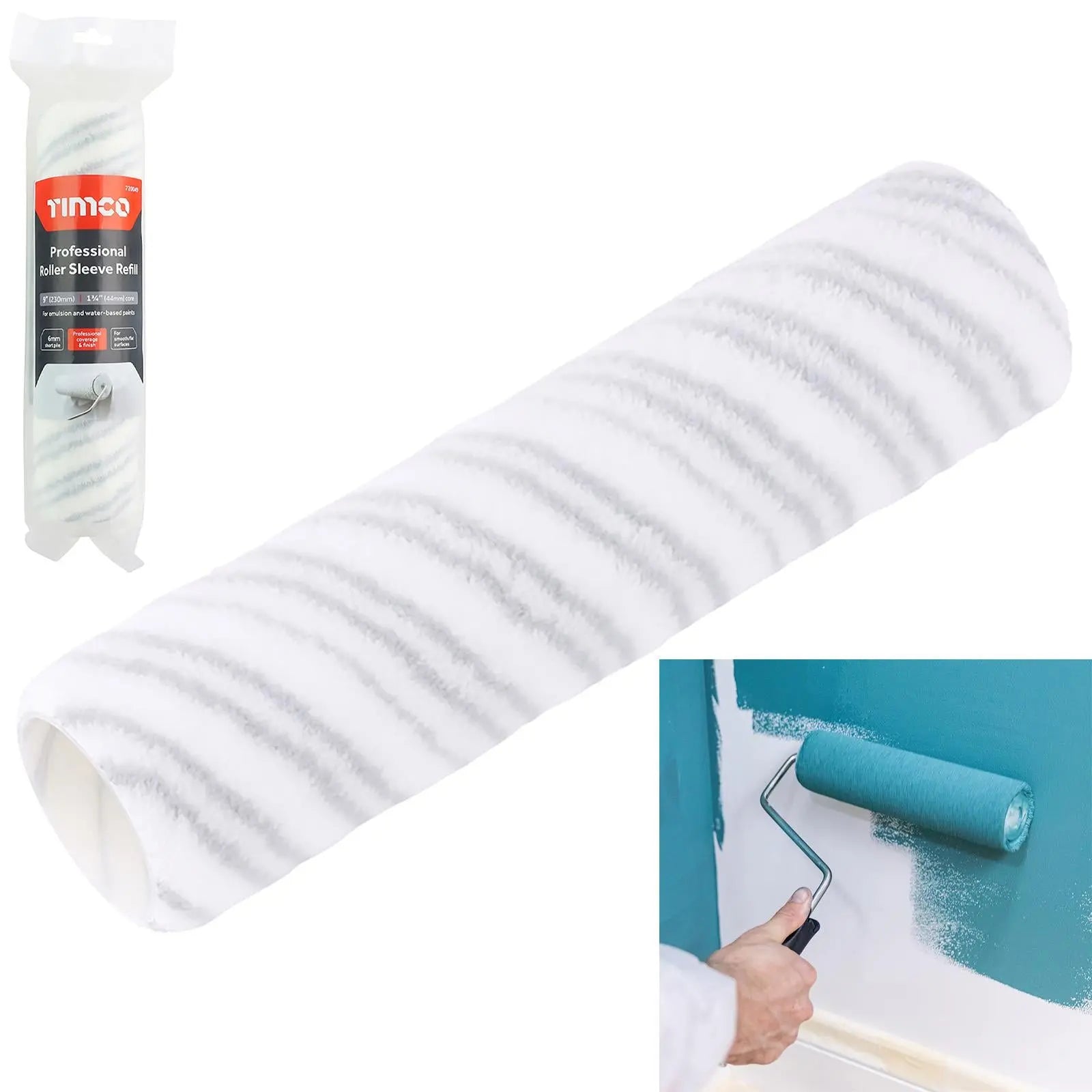 TIMCO Professional Paint Roller Sleeve Refill 230mm 9" Short Pile 6mm for Emulsion and Water Based Paints White Rose Tools
