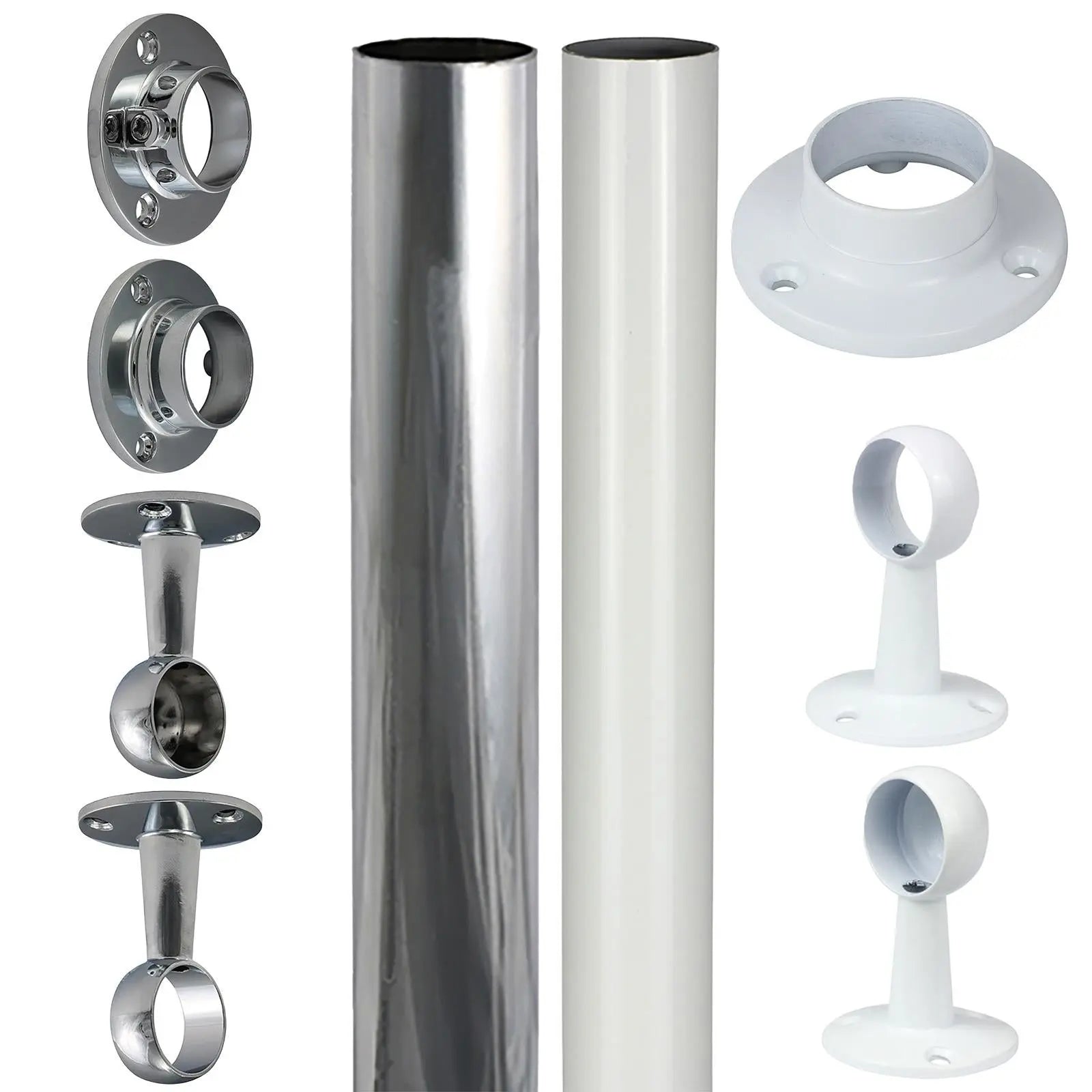TIMCO Round Wardrobe Rail 25mm Diameter End Sockets Brackets Polished Chrome or White - Choose Length White Rose Tools
