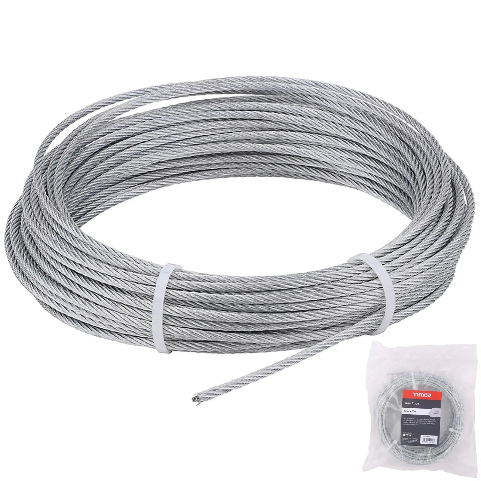 TIMCO Wire Rope Zinc Plated 7x7 Construction - Choose Size White Rose Tools