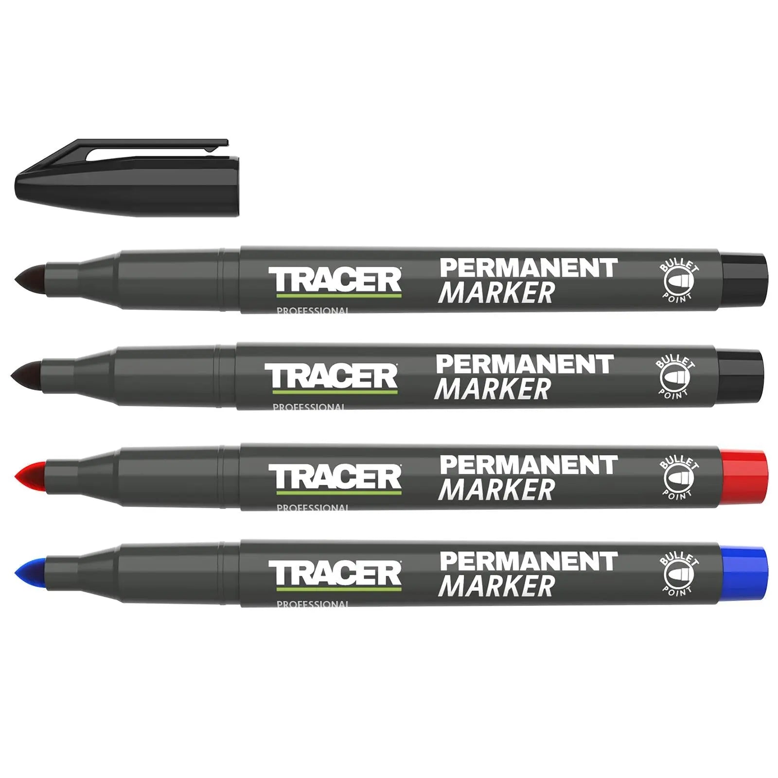 TRACER Permanent Marker Pen Pack of 4 Black Red Blue 1-2mm Fine Bullet Point