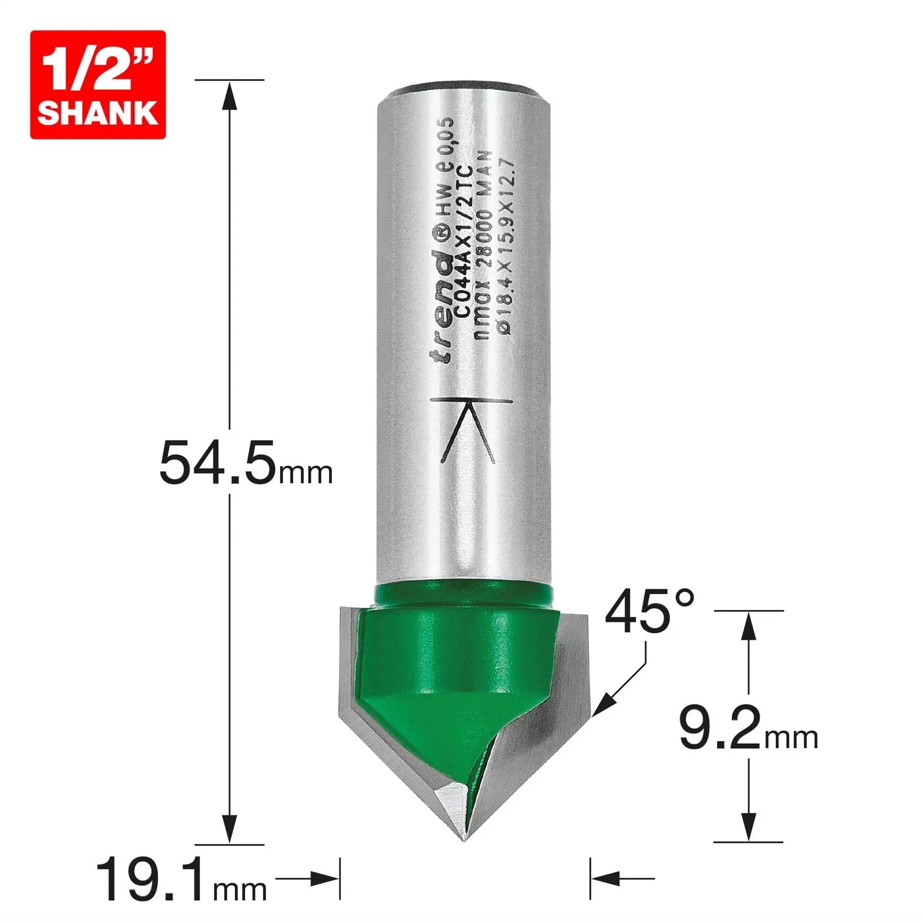 Trend Chamfer V Groove Cutter Angle=45 Degrees C044AX1/2TC  White Rose Tools
