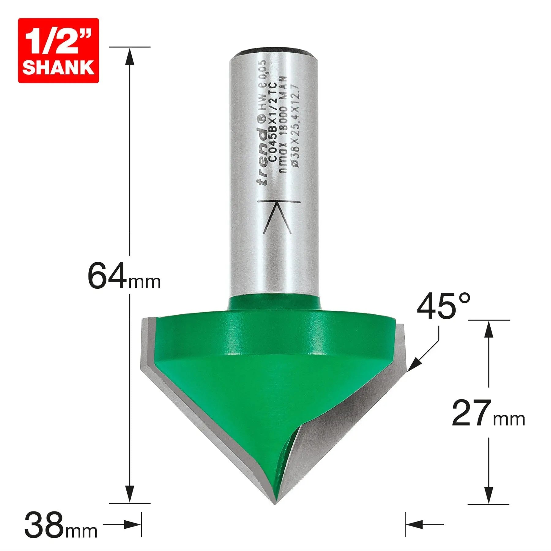 Trend Chamfer V Groove Cutter Angle=45 Degrees C045BX1/2TC  White Rose Tools