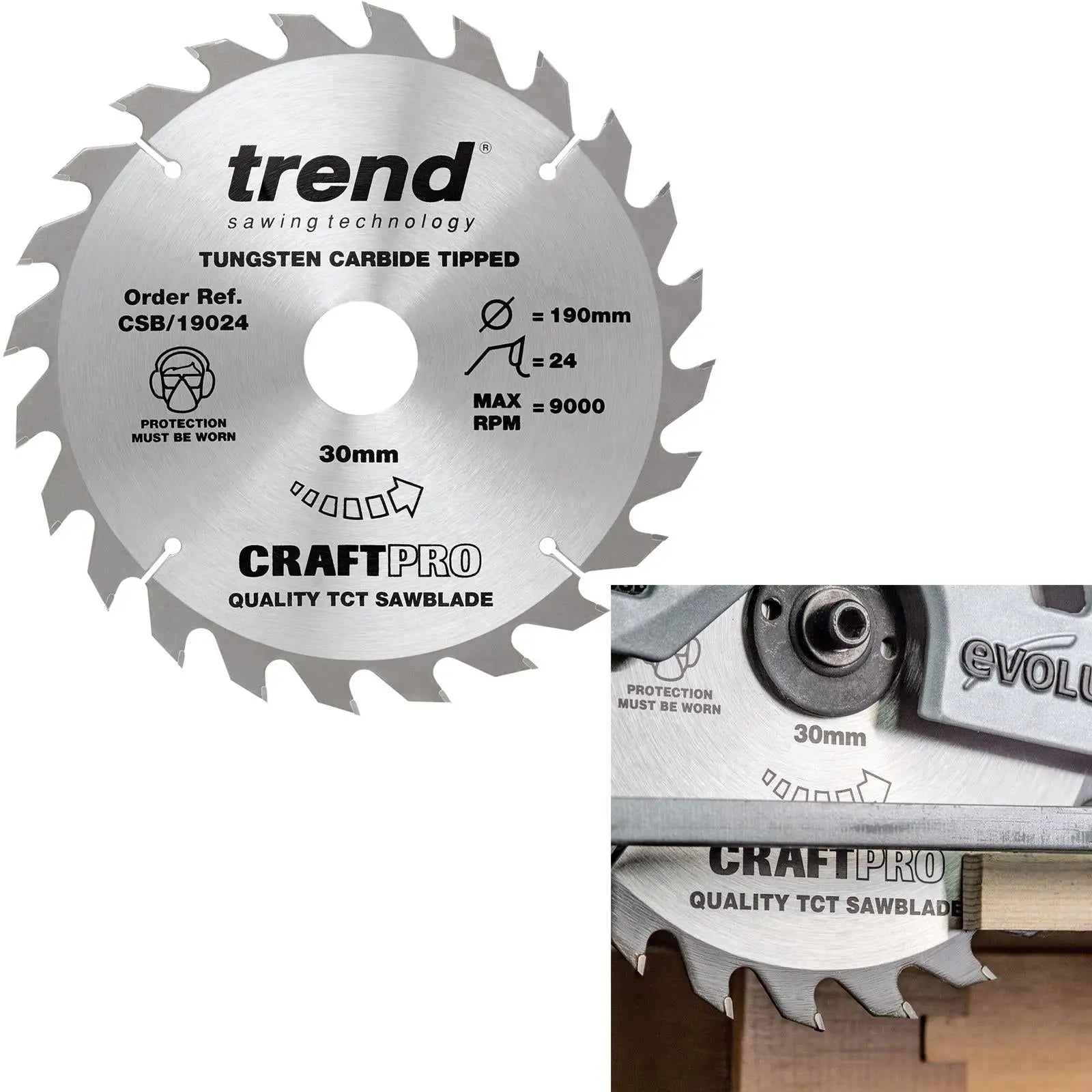 Trend Craft Pro 190mm Diameter 30mm Bore 24 Tooth Combination Cut Saw Blade For Hand Held Circular Saws. CSB/19024