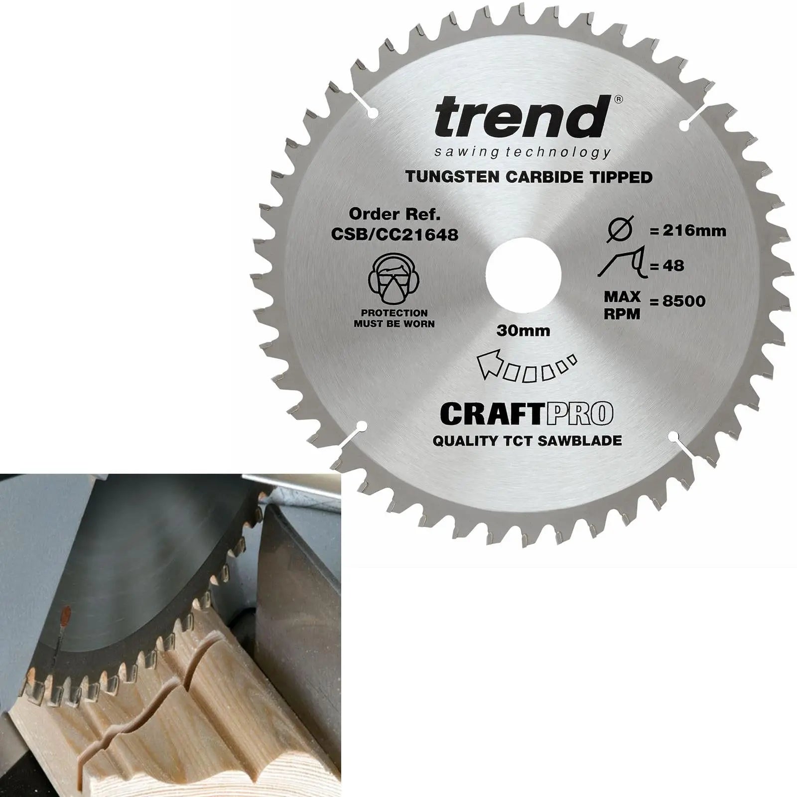 Trend Craft Pro 216mm Diameter 30mm Bore 48 Tooth Medium/Fine Cut Saw Blade For Mitre Saws CSB/CC21648