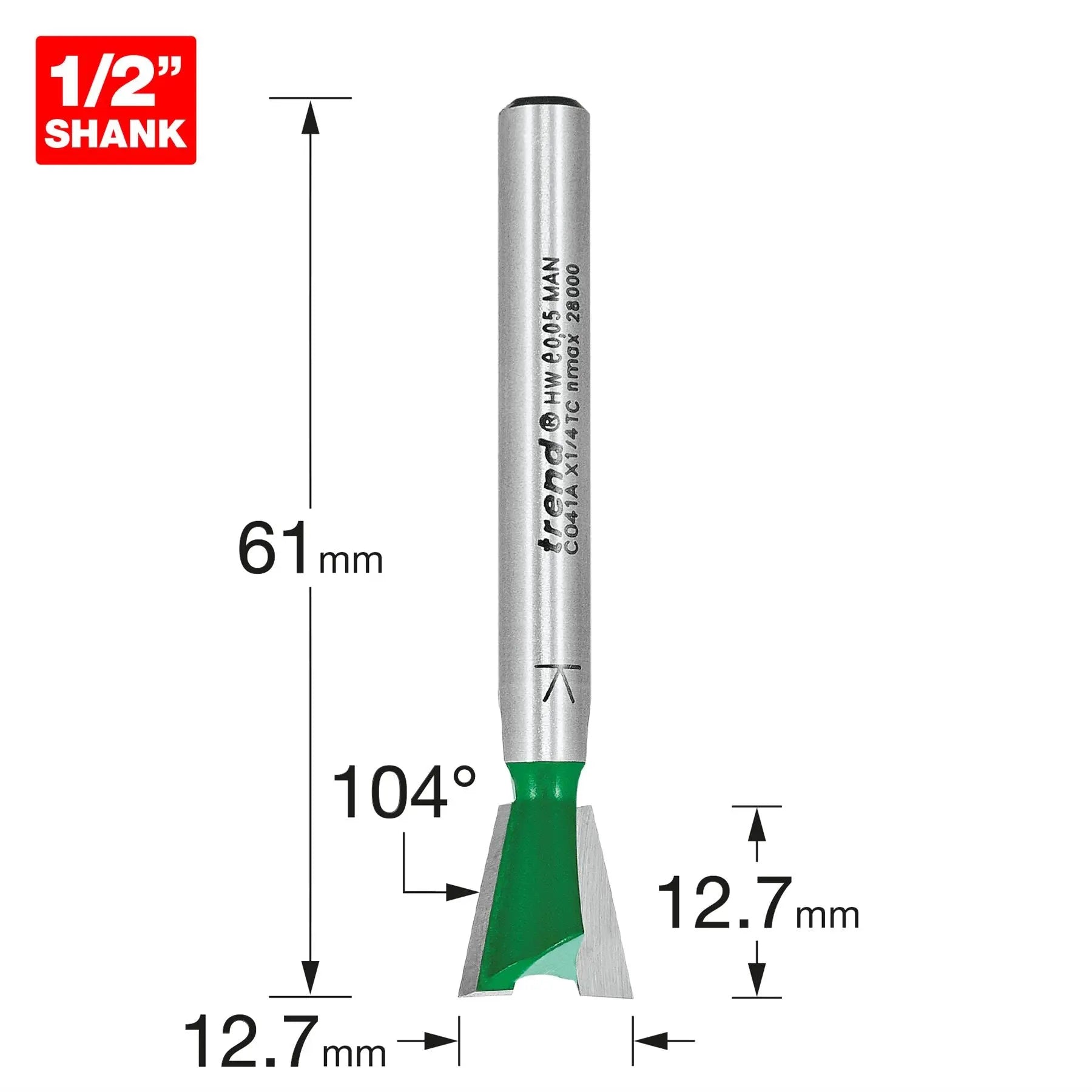 Trend Dovetail Cutter Angle=104 Degrees 12.7mm Diameter C041AX1/4TC